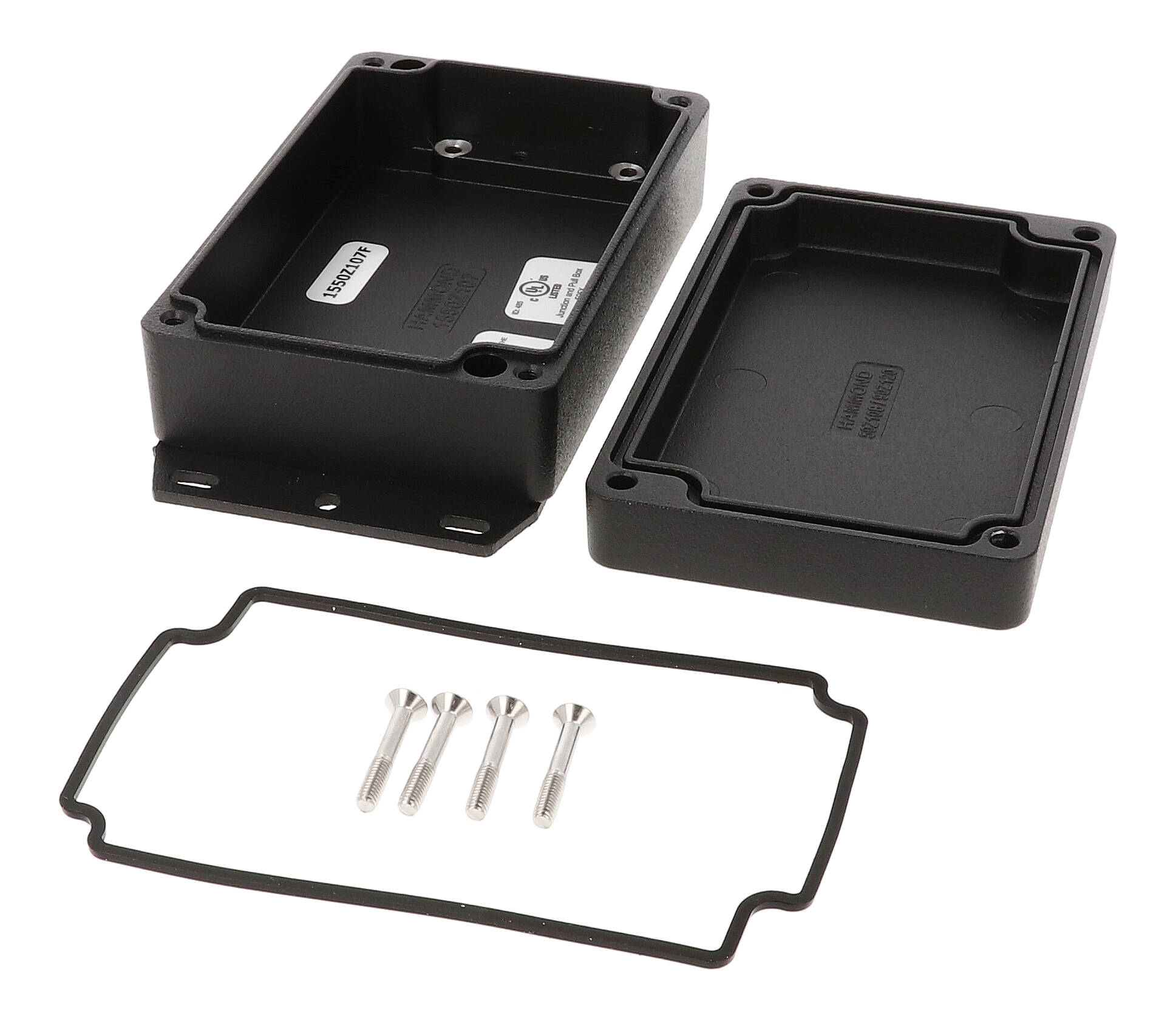 1550Z107FBK textured black watertight diecast enclosure with flanged base and screw-down lid, 152x81x43 mm