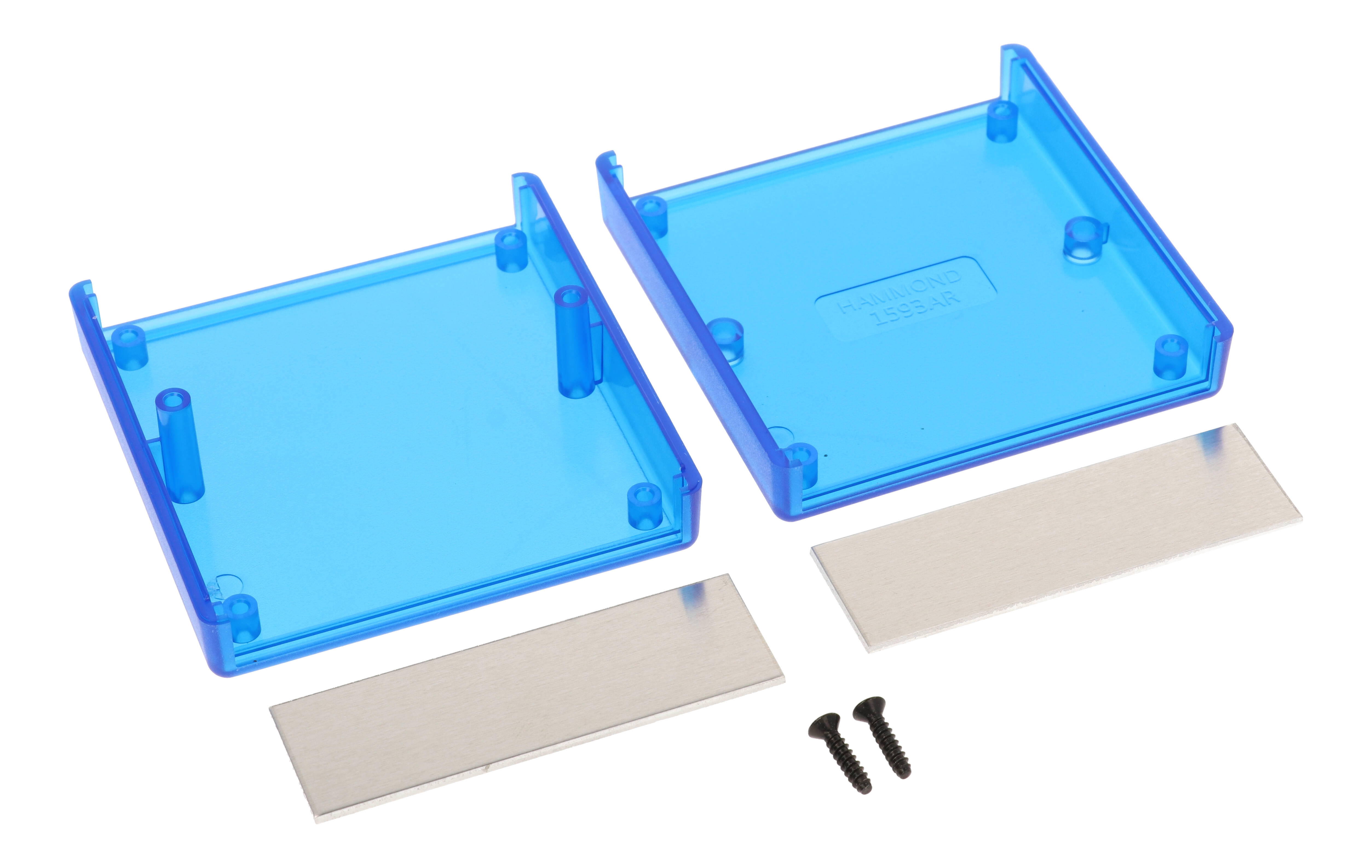 1593ARALTBU transparent blue ABS hand held enclosure with aluminum end panels, 75 x 74 x 27 mm
