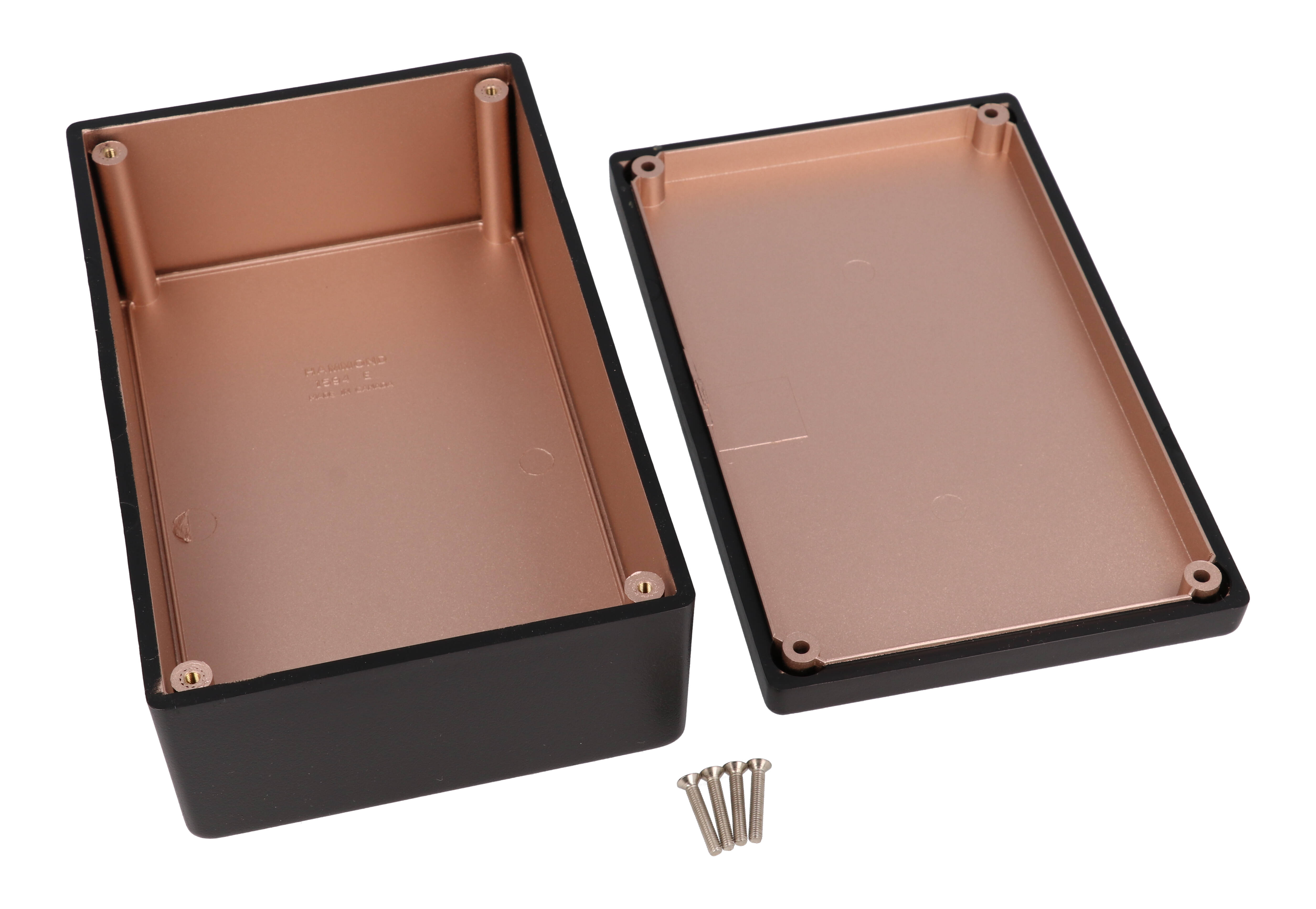 1594REBK black EMI/RFI shielded ABS enclosure with copper coated interior, 168 x 107 x 53 mm