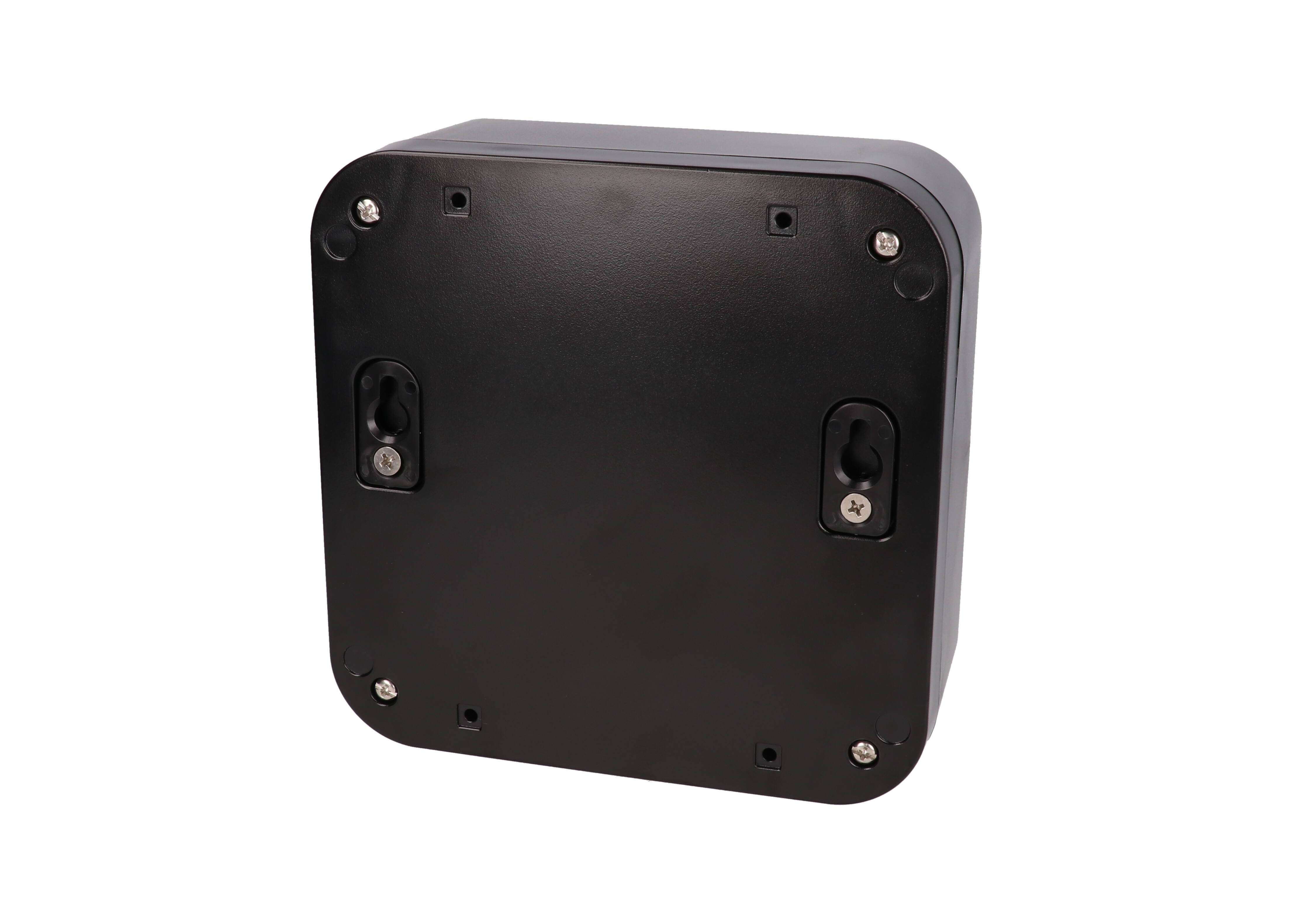 1557FA2BK black polycarbonate watertight enclosure, 160 x 160 x 70 mm, shown with lid fitted