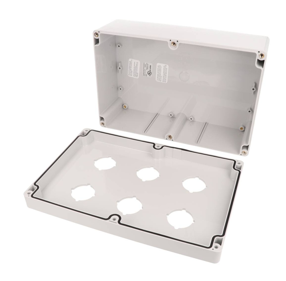 1554PB6A light gray polycarbonate six-hole 30.5mm pushbutton enclosure on the 1554VA body