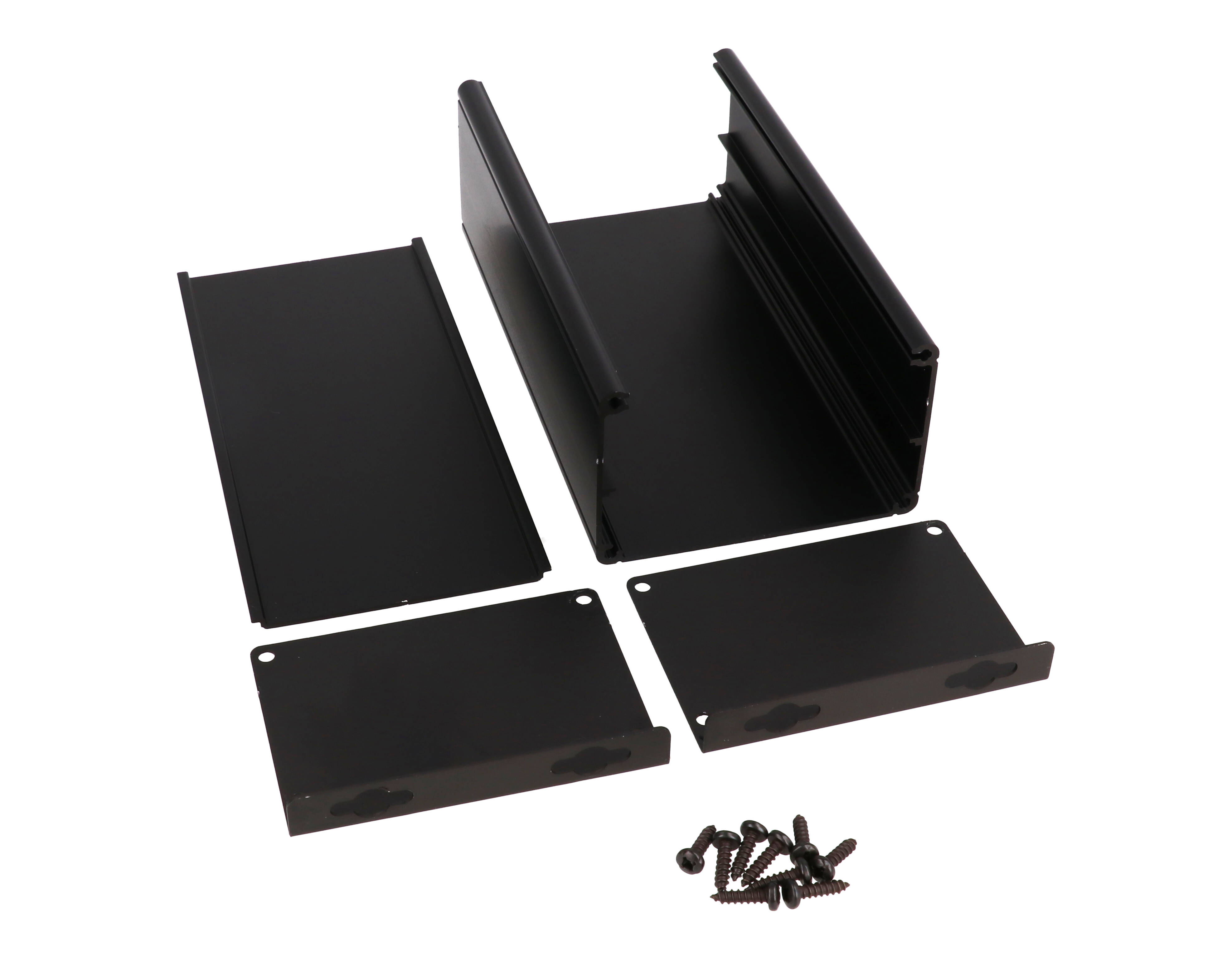 1455ZT1601BK black anodized wallmount extruded aluminum enclosure, 160 x 89 x 56 mm, with keyhole mounting brackets