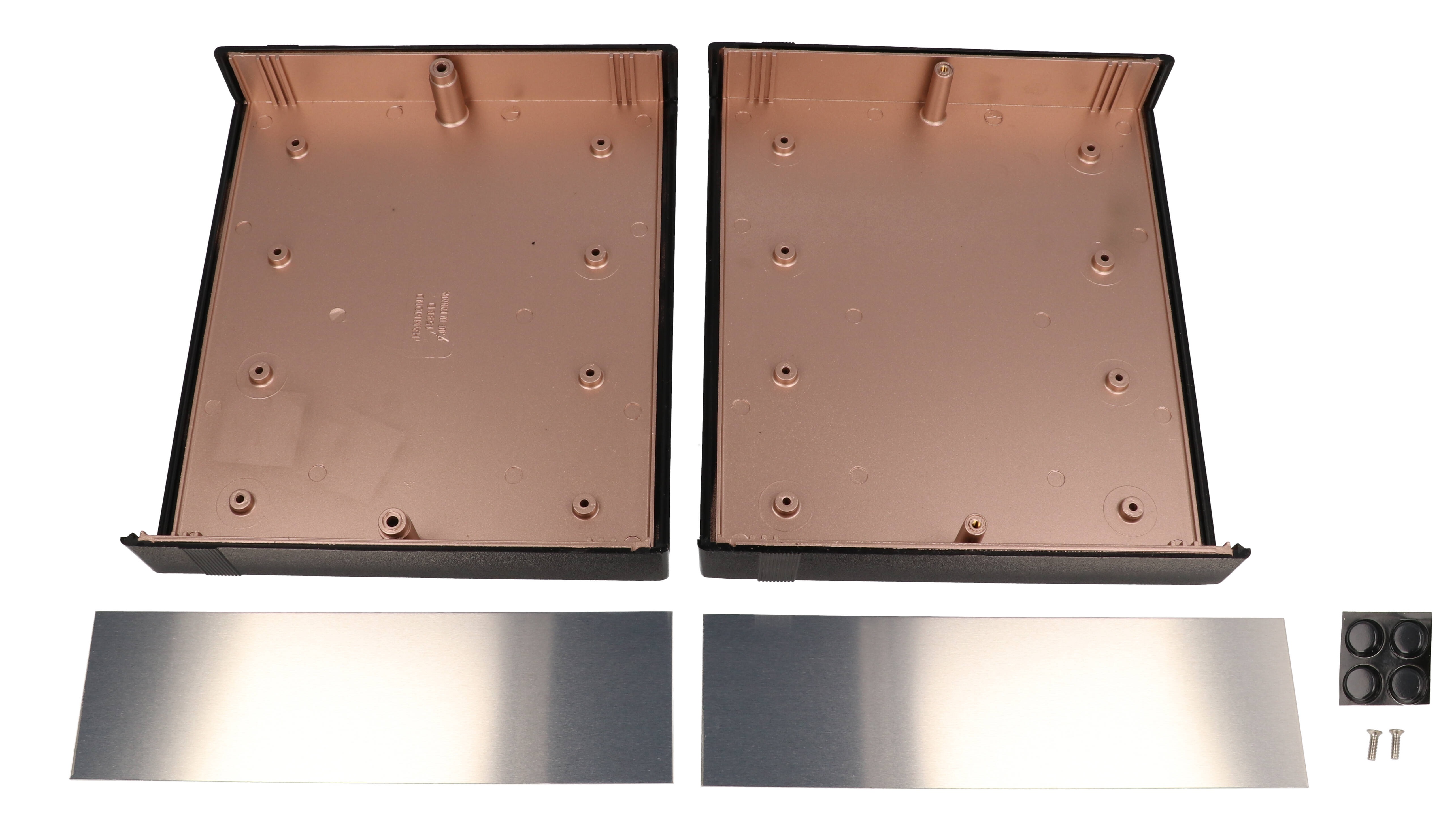 1598RDBK black ABS EMI/RFI shielded instrument enclosure, 180 x 205 x 63 mm, with brushed aluminum end panels