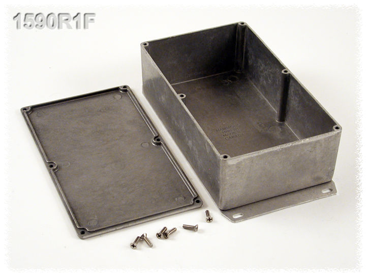 1590R1F natural aluminum diecast aluminum enclosure with welded flanged bottom plate, 192 x 112 x 61 mm