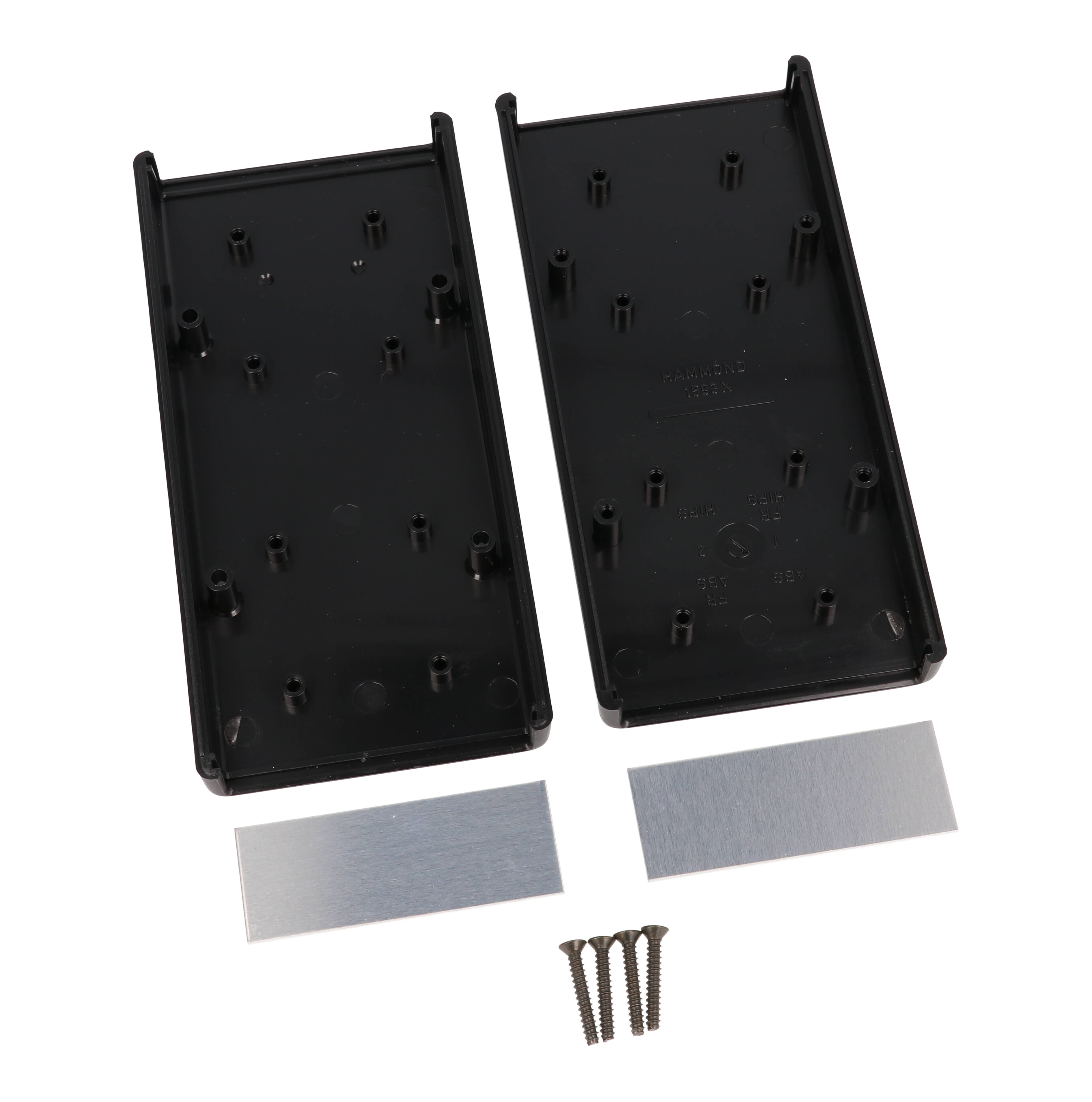 1593XALBK black ABS hand held instrument enclosure, 140 x 66 x 28 mm, with aluminum end panels