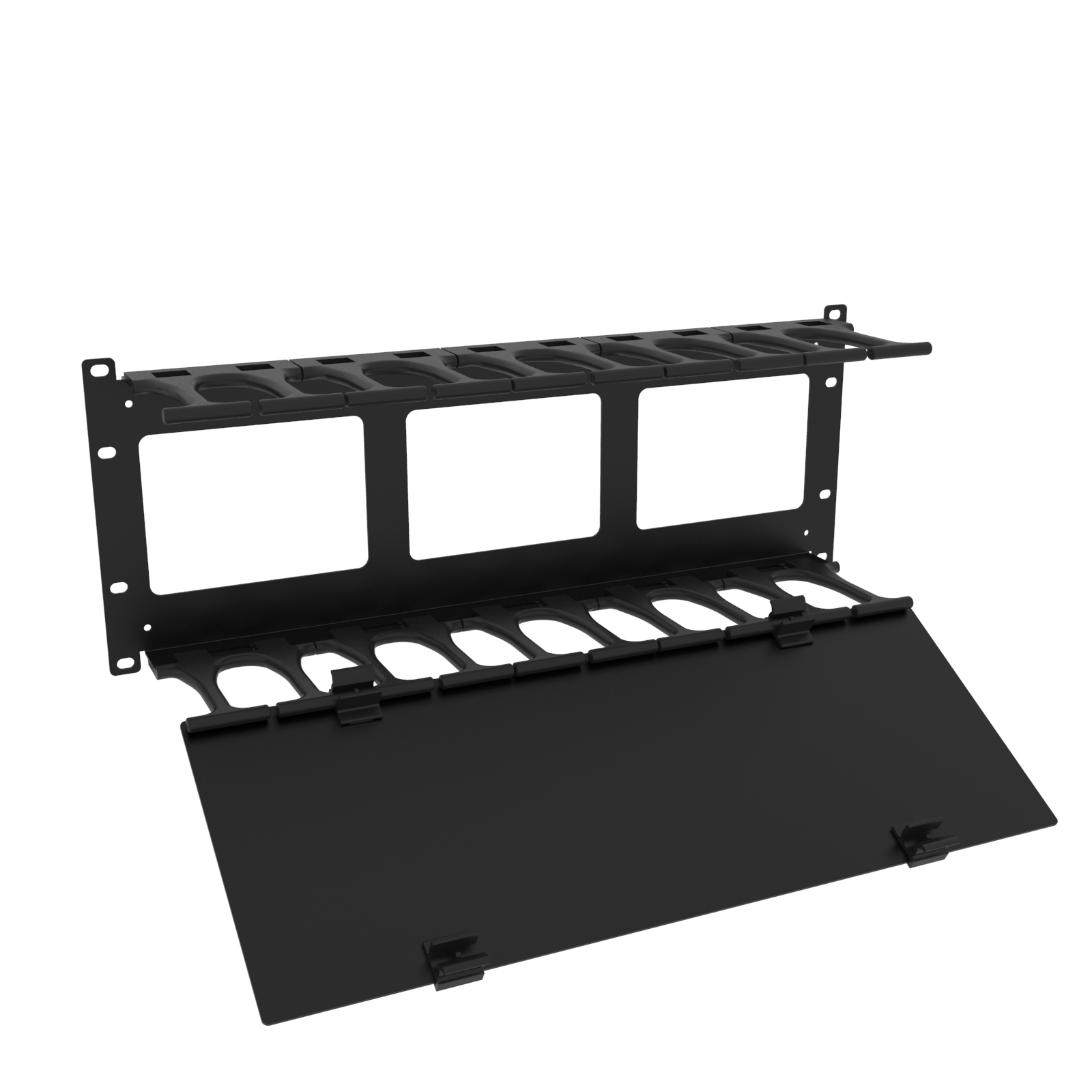 Hammond RB-HFMS4 4U single-sided horizontal finger cable manager with removable black powder coat cover for 19-inch racks