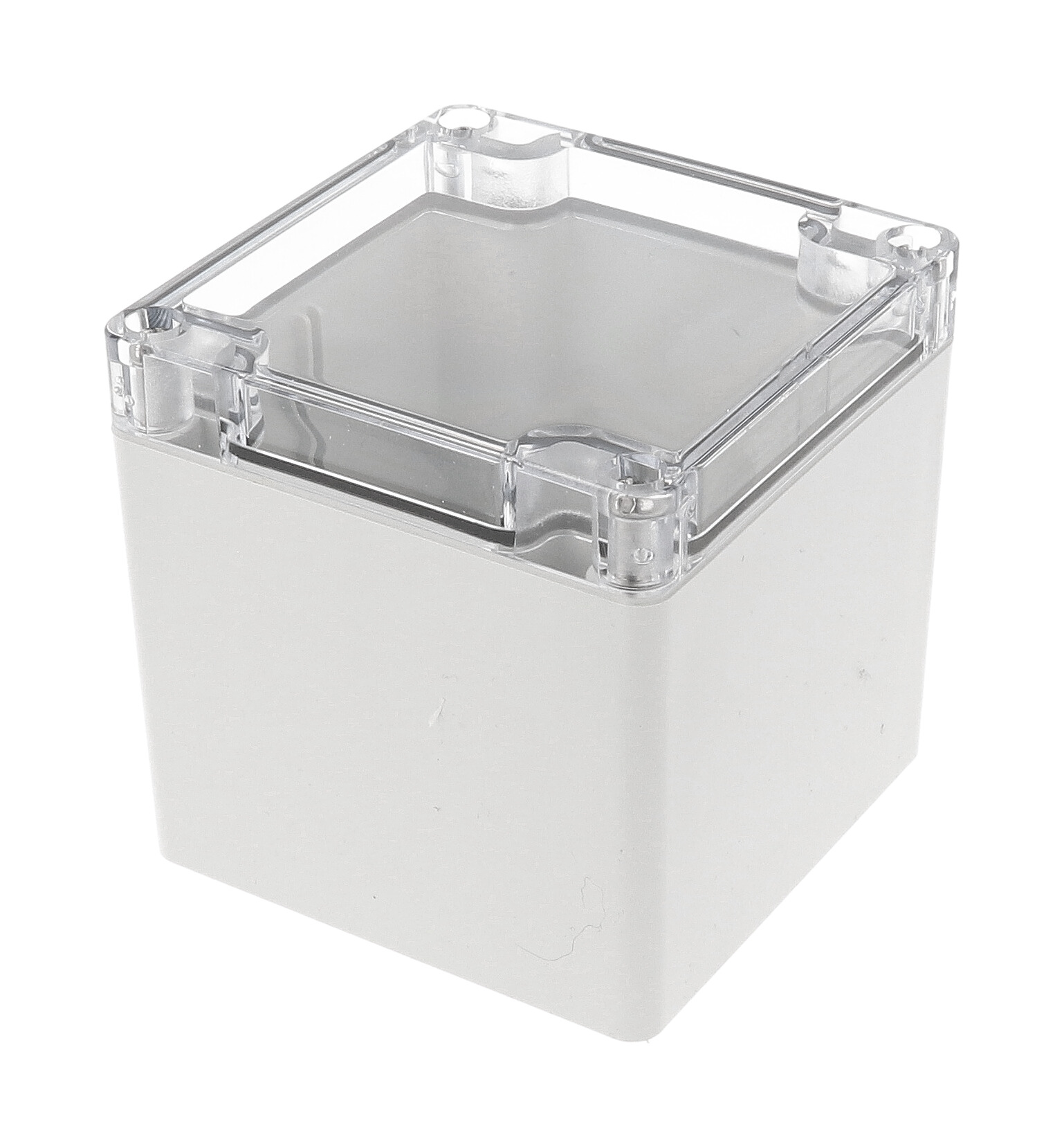1554EE2GYCL tall square polycarbonate enclosure with clear lid, 90 x 90 x 91 mm