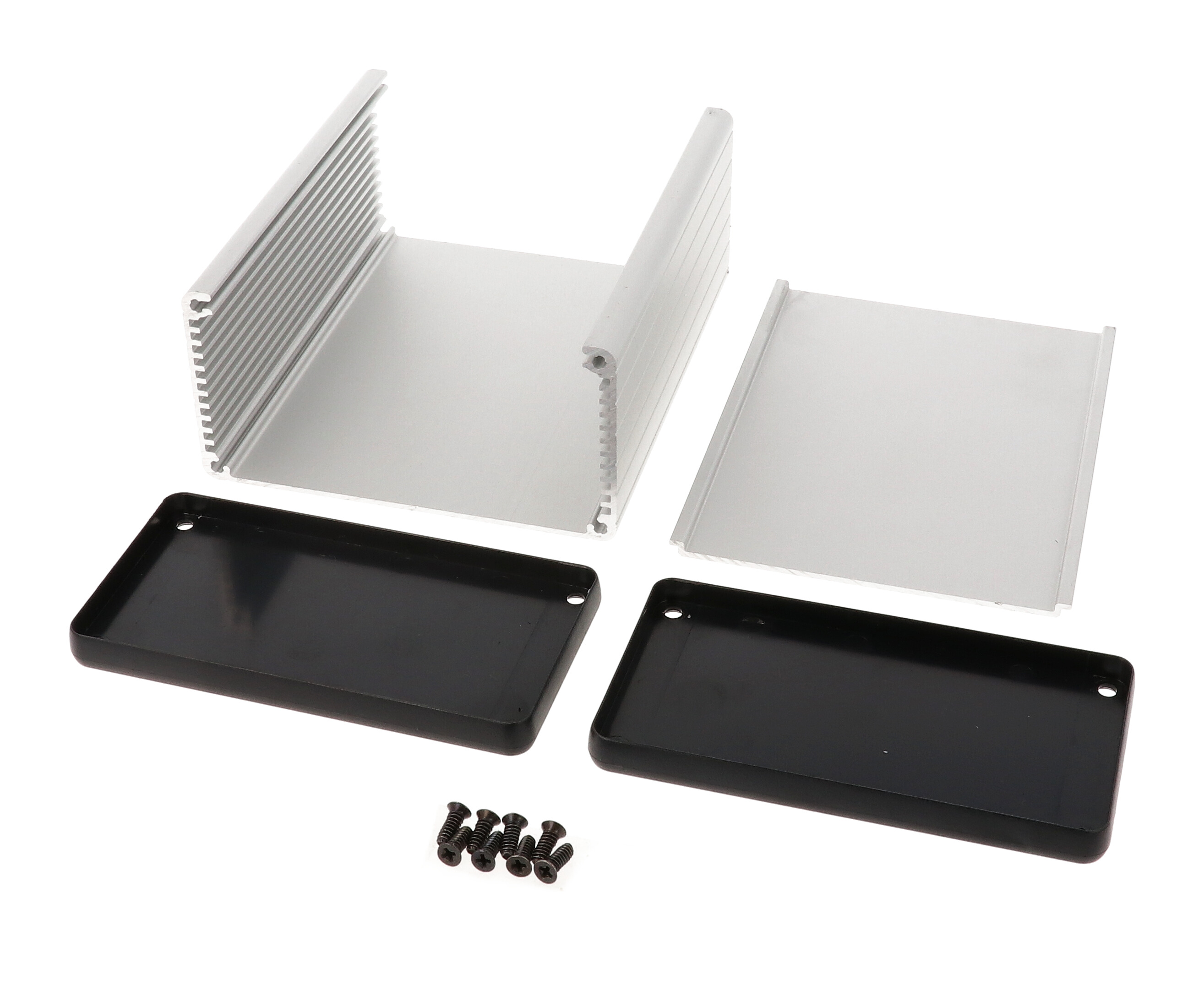 1455N1202 clear anodized extruded aluminum enclosure, 120 x 103 x 53 mm, with plastic end panels