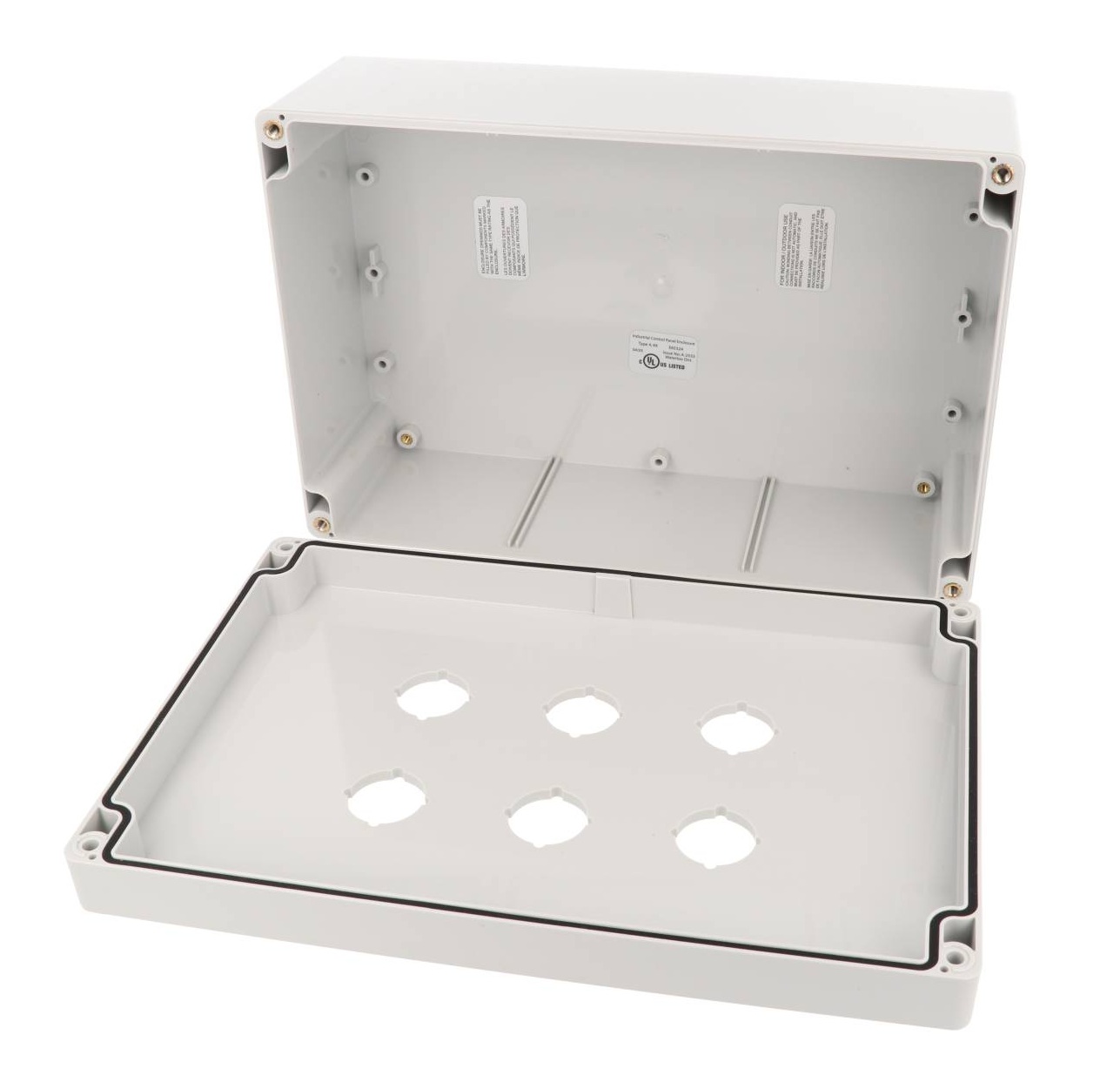 1554MPB6 light gray polycarbonate enclosure with six 22.5 mm pushbutton holes