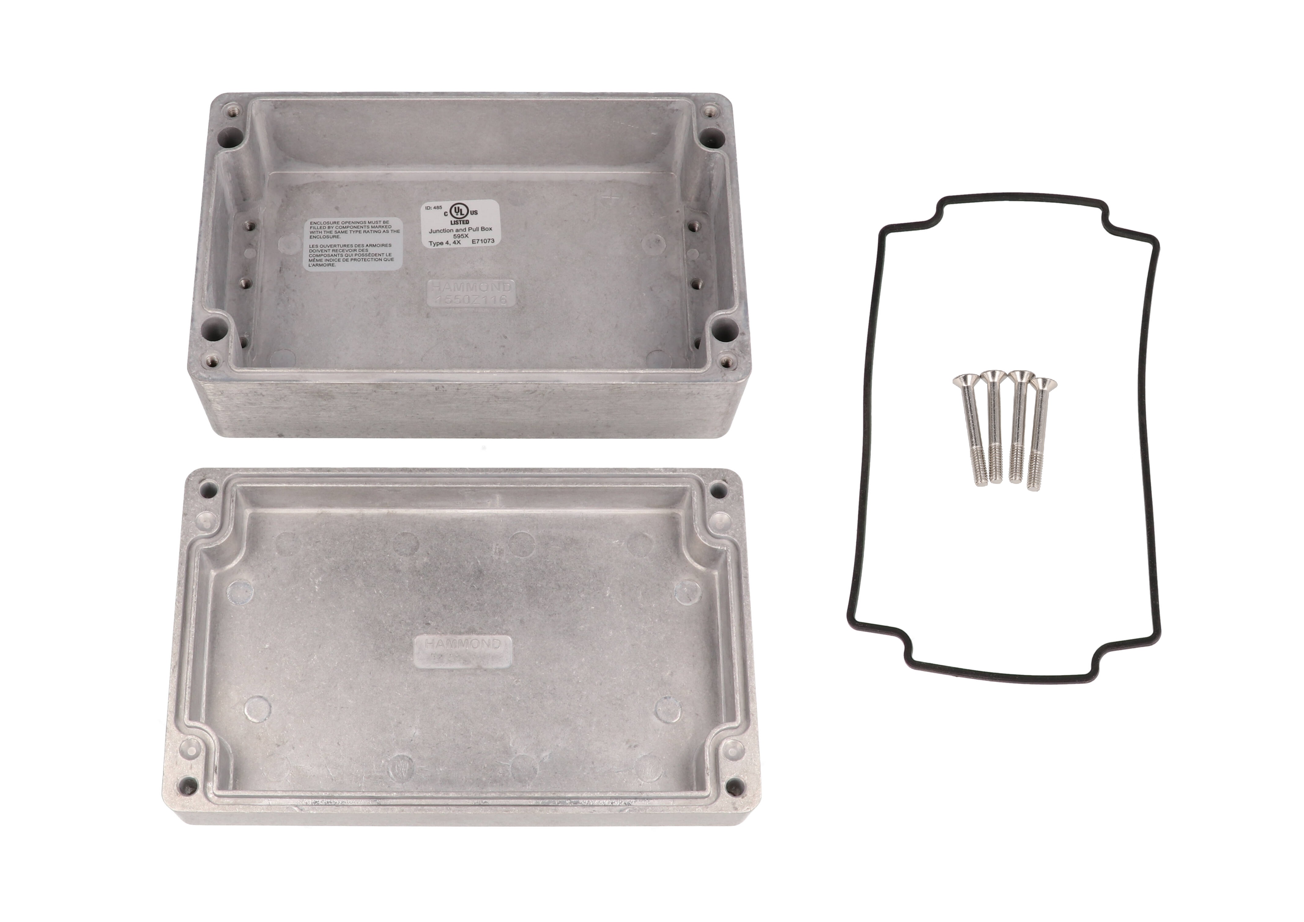 Hammond 1550Z116 natural unpainted watertight diecast aluminum enclosure, 160 x 100 x 60 mm, with lid and cover screws
