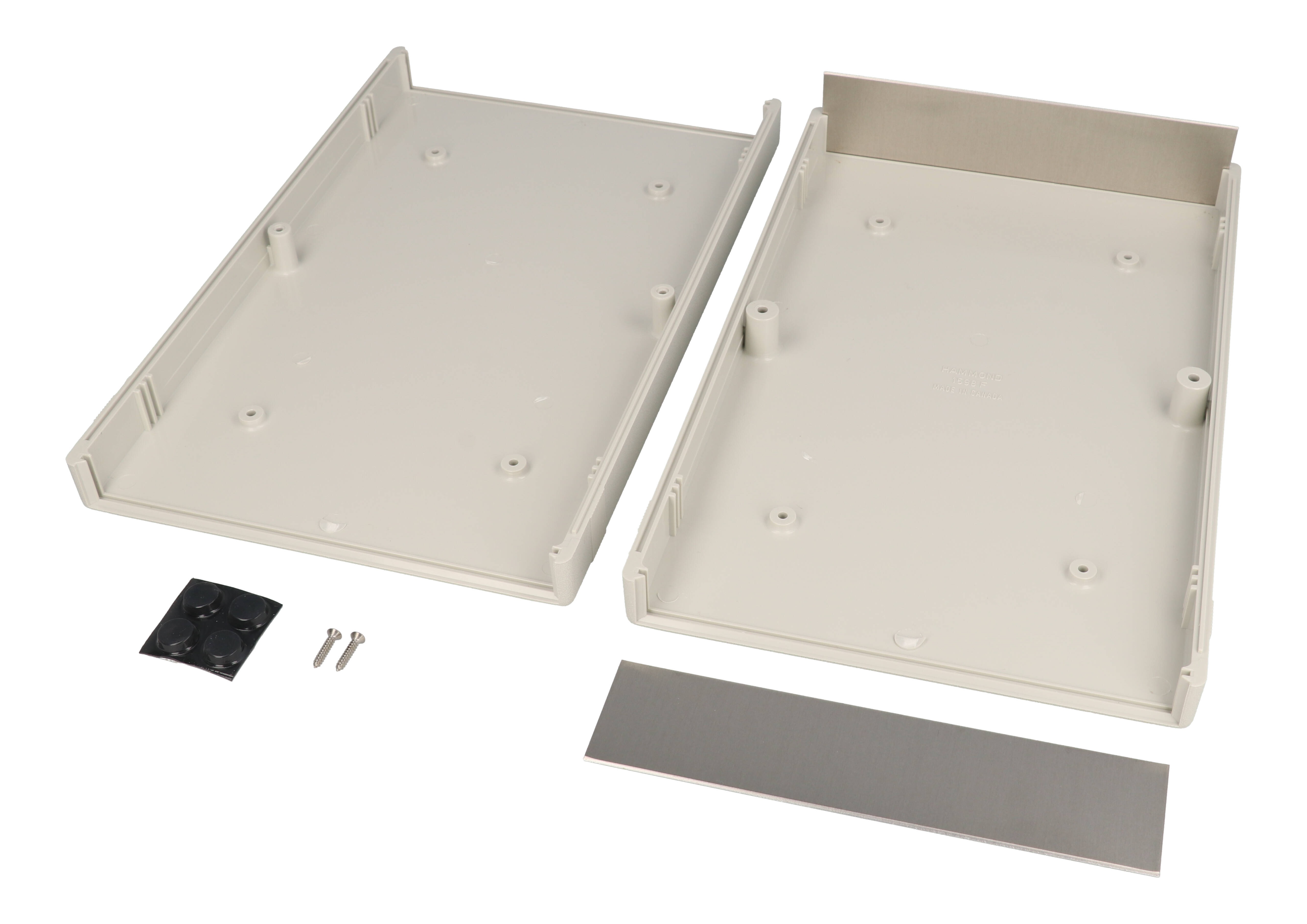 1598FSGY light gray ABS clam shell instrument case with brushed aluminum end panels