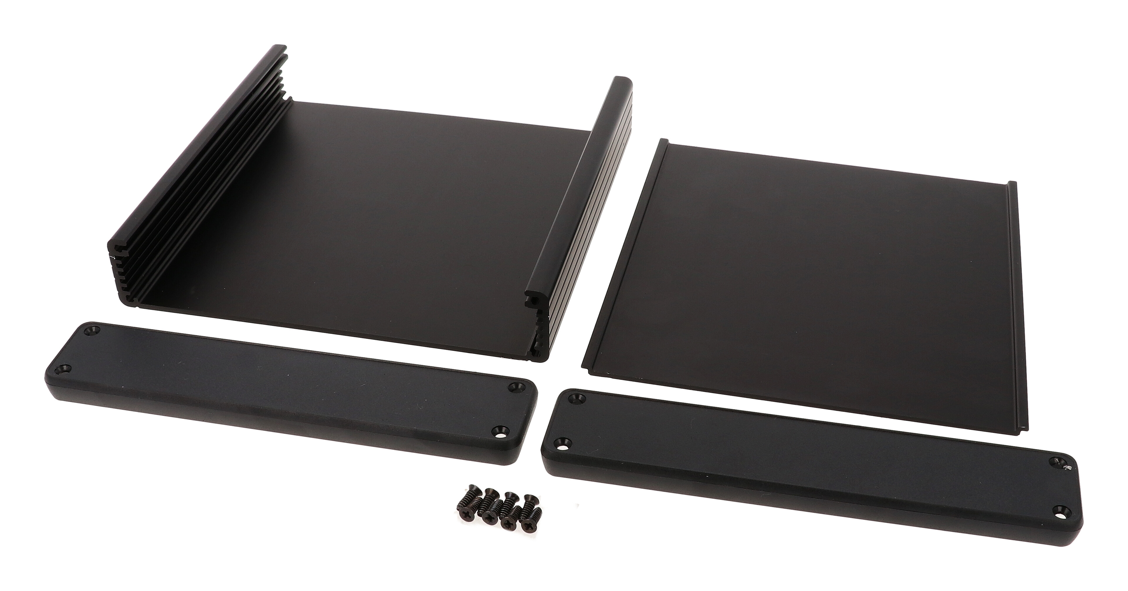 1455R1602BK black anodized extruded aluminum PC board enclosure, 160 x 165 x 30.5 mm, with black plastic end panels