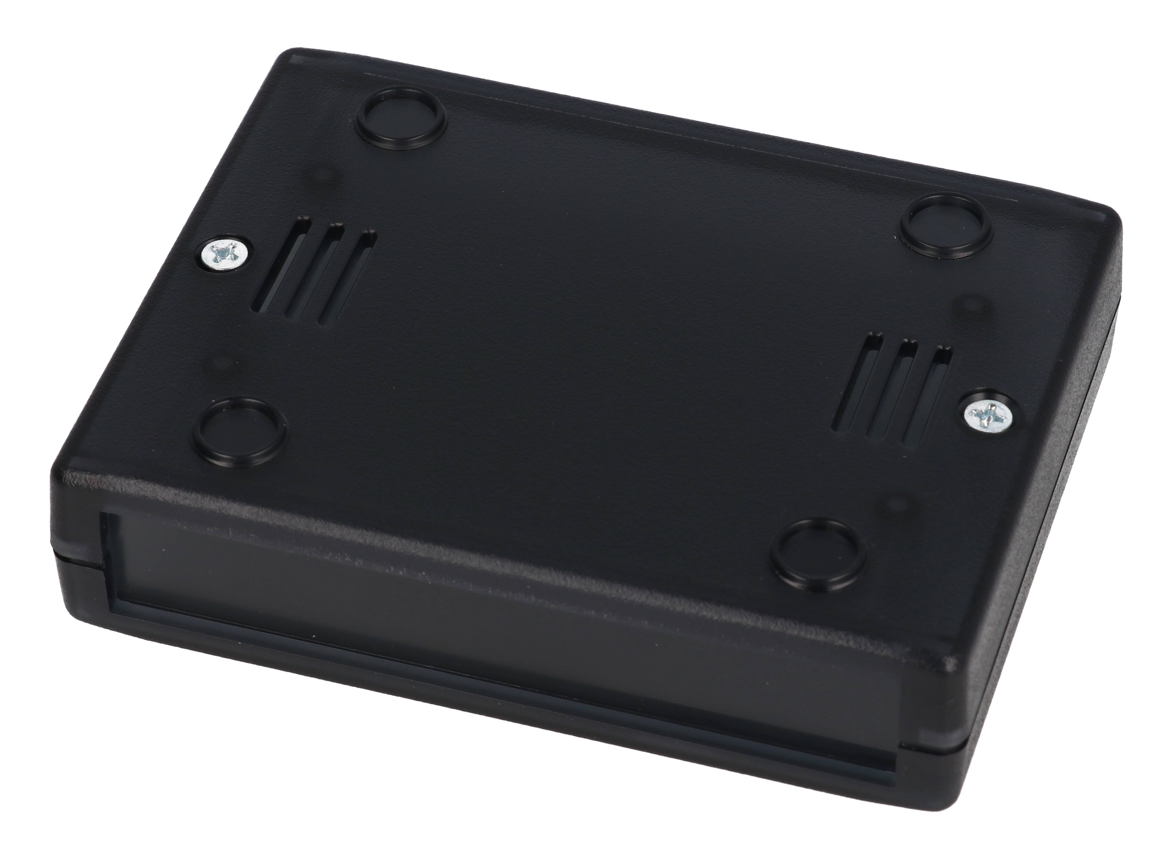 RM2005STBK translucent black ABS instrument enclosure, 105 x 80 x 25 mm clam shell case with front and rear panels