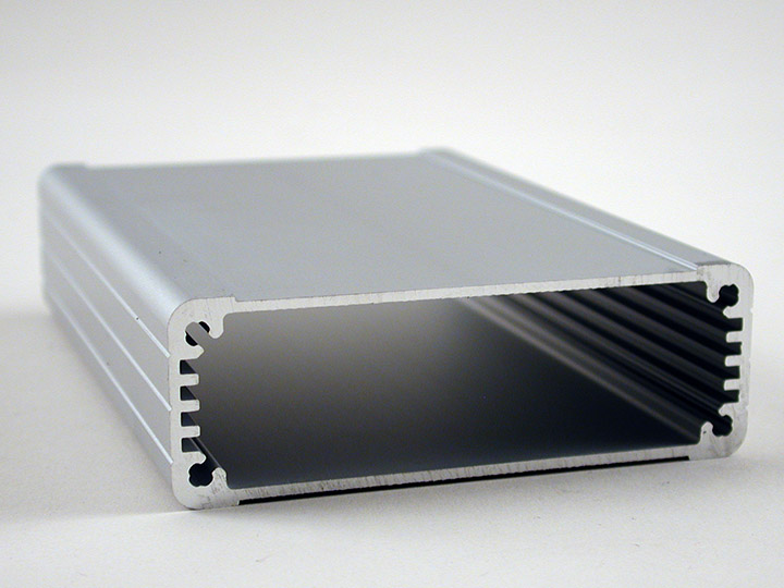 1457J1201 IP65 watertight extruded aluminum enclosure with clear anodized body and black diecast end panels