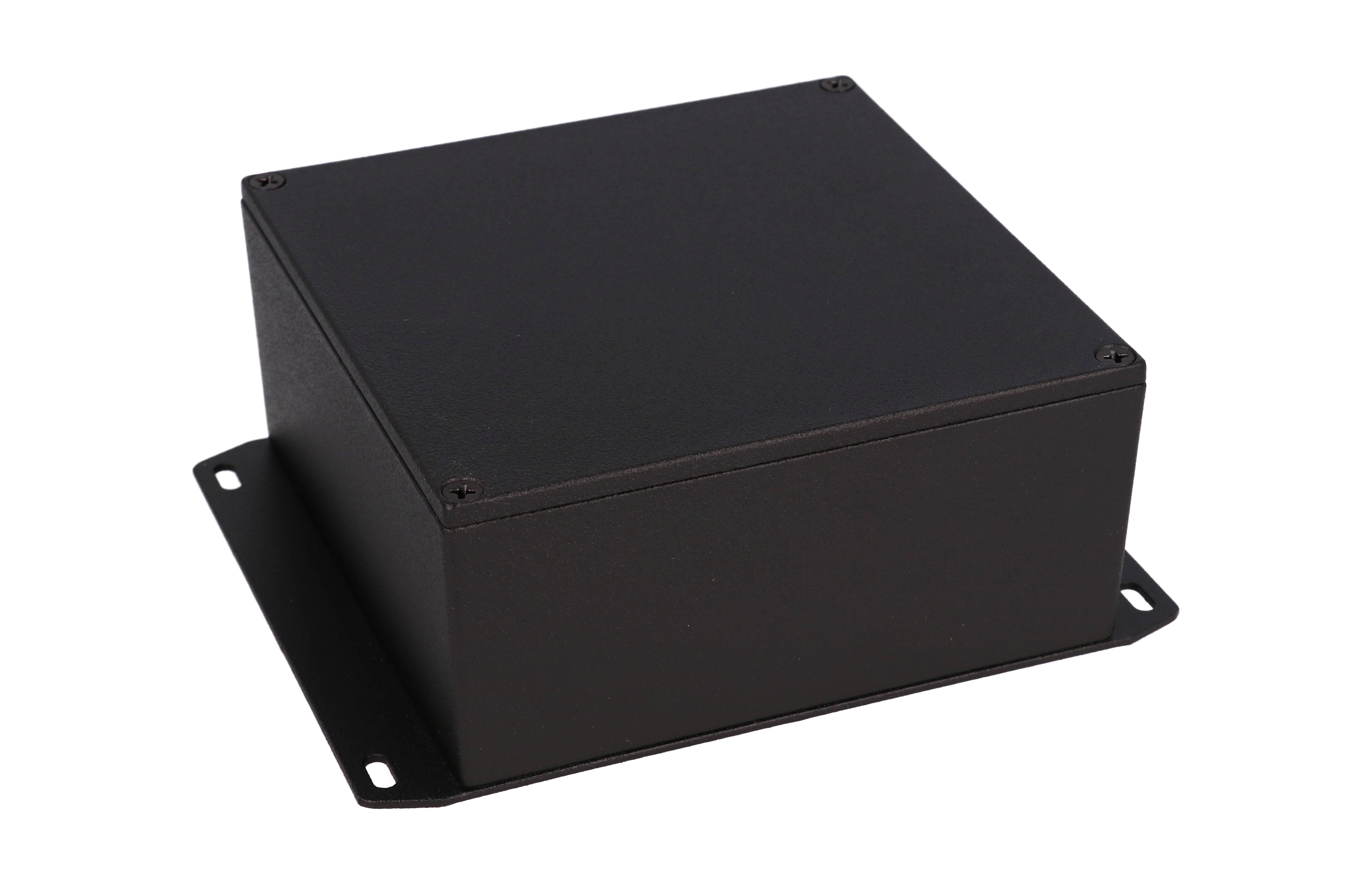 1590KKFBK black textured diecast aluminum enclosure with welded bottom flange, 125 x 125 x 57 mm