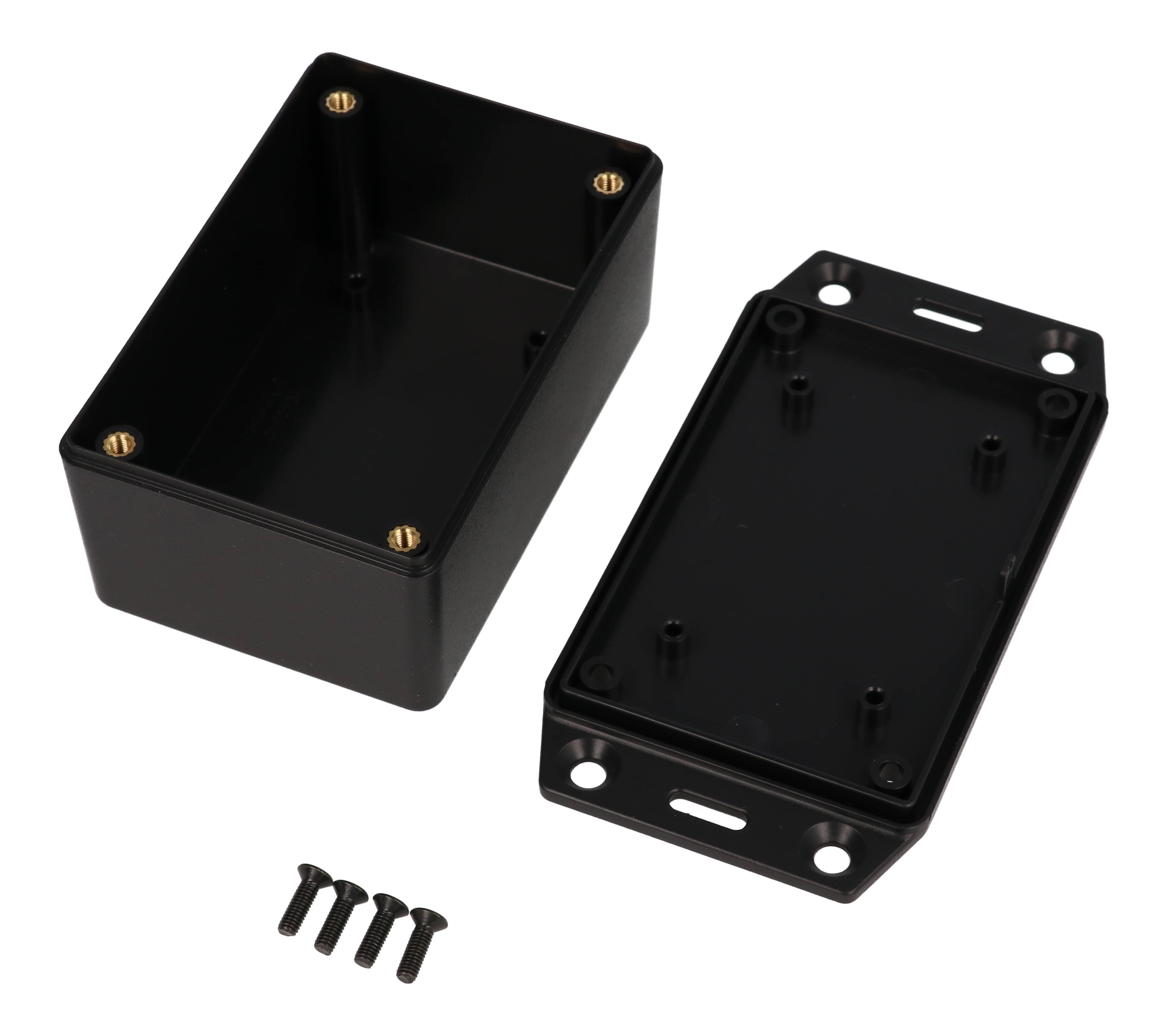 Hammond 1591XXLFLBK black ABS plastic enclosure with flanged lid, 1591XXL size, box and lid shown
