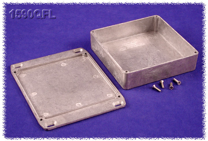 1590QFL natural aluminum diecast aluminum enclosure with wall-mounting flanged lid, 120 x 120 x 34 mm