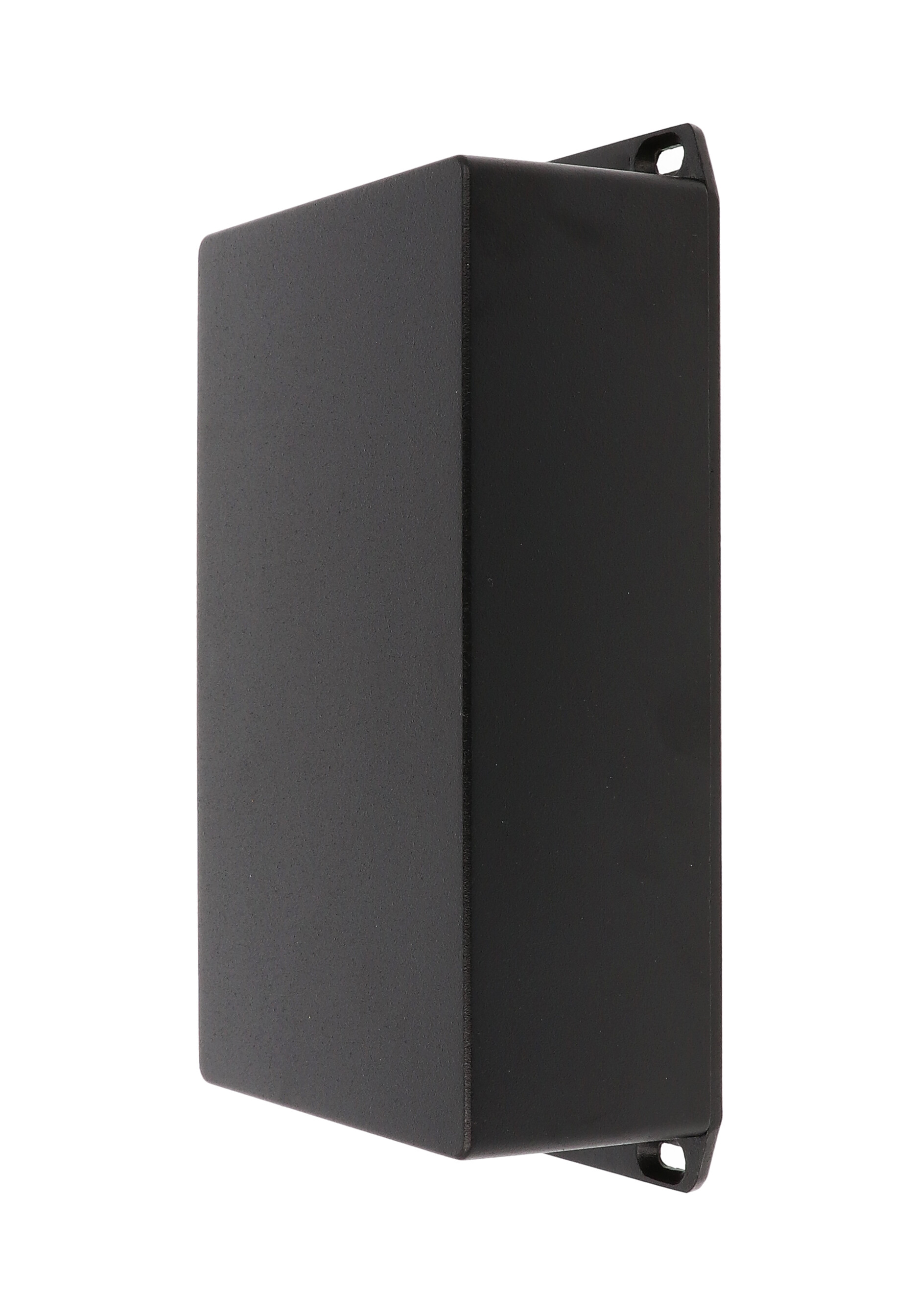 1590R1FLBK black diecast aluminum enclosure with wall-mounting flanged lid, 192 x 112 x 61 mm