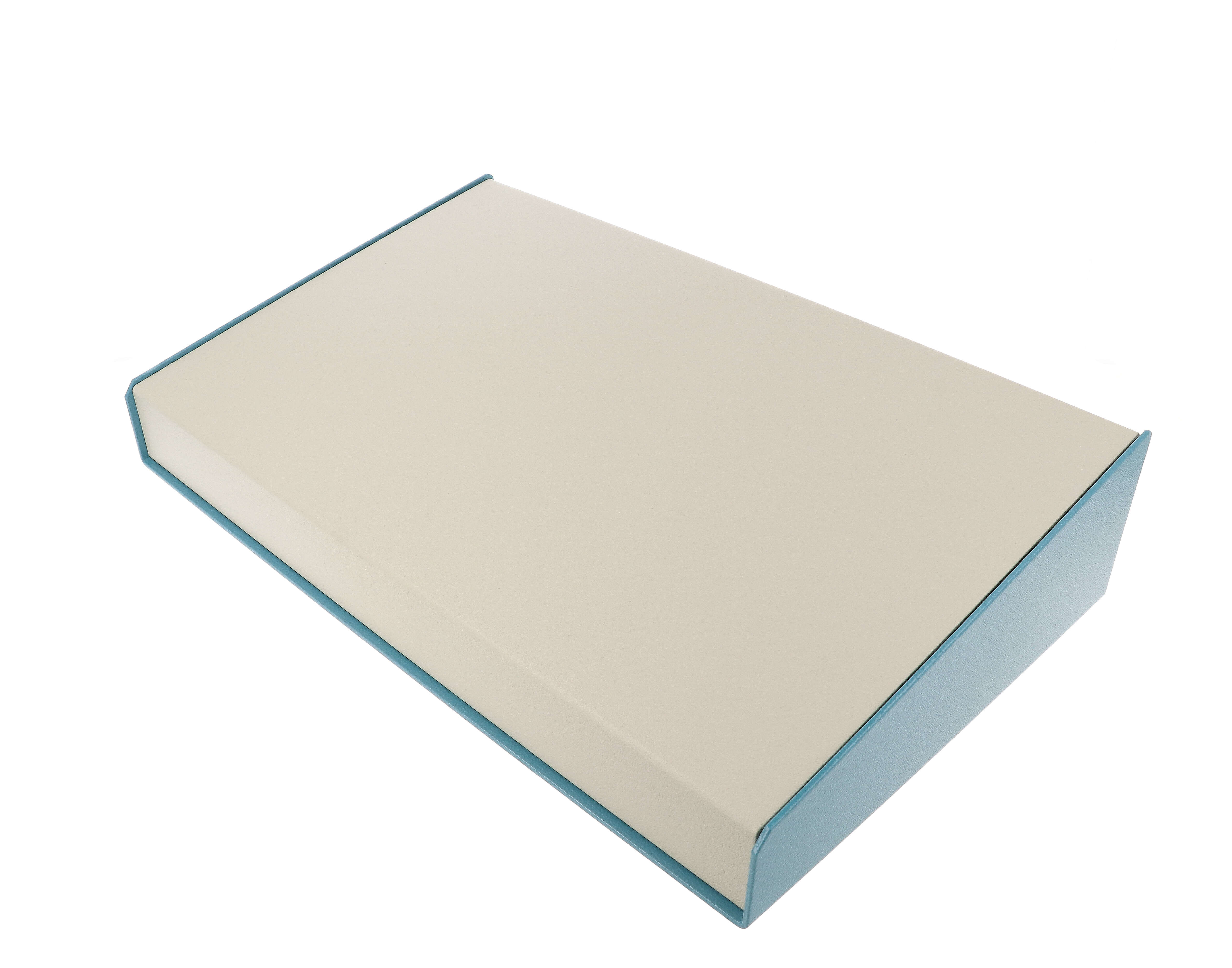 Hammond 1456PH1WHBU sloped aluminum console with contempra grey (beige) top panel on a textured blue case