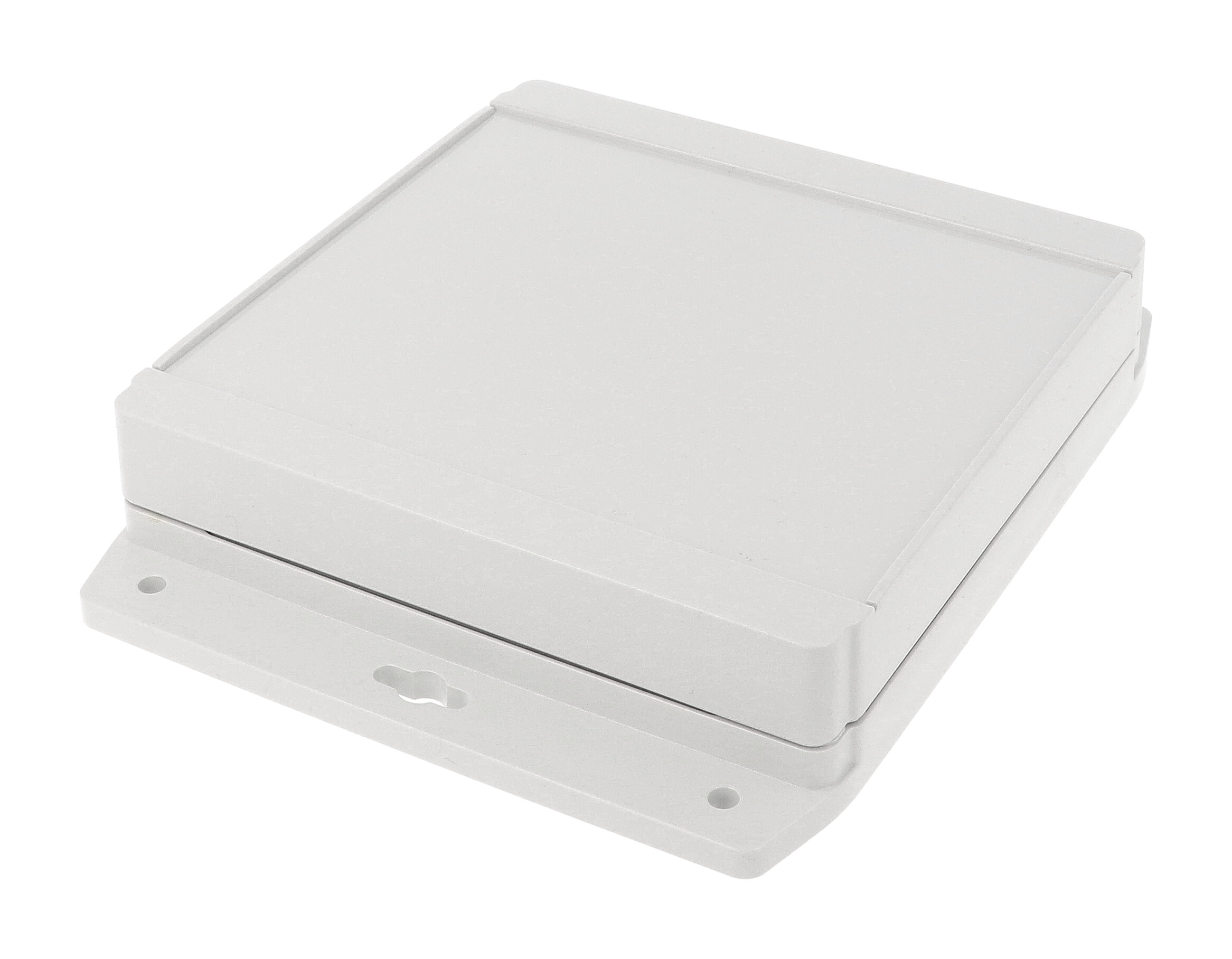 1555RF17GY light gray ABS low-profile flanged enclosure, 160 x 160 mm footprint