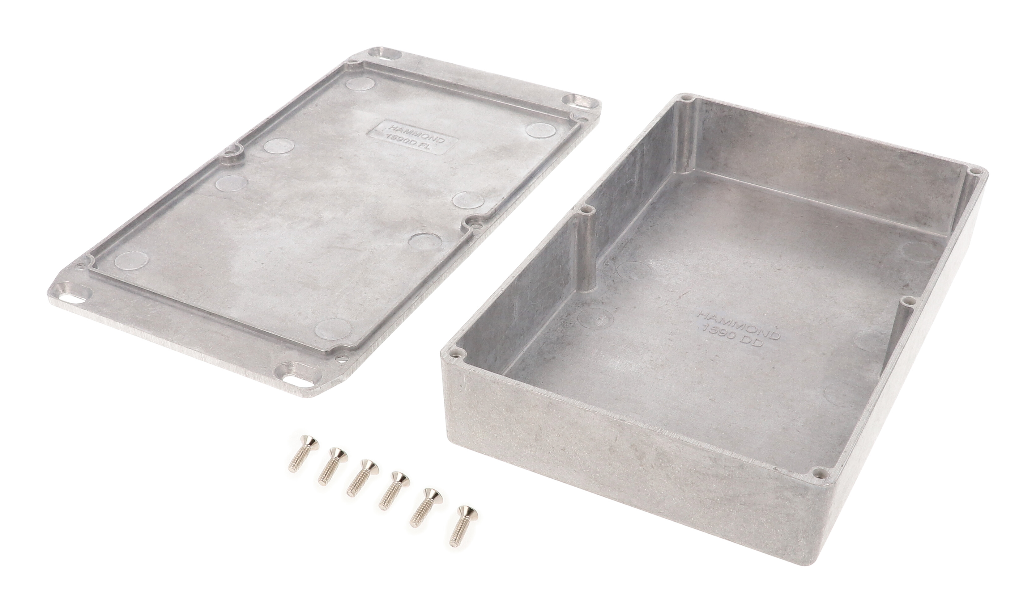 1590DDFL natural diecast aluminum enclosure with flanged wall-mounting lid, 188 x 120 x 37 mm