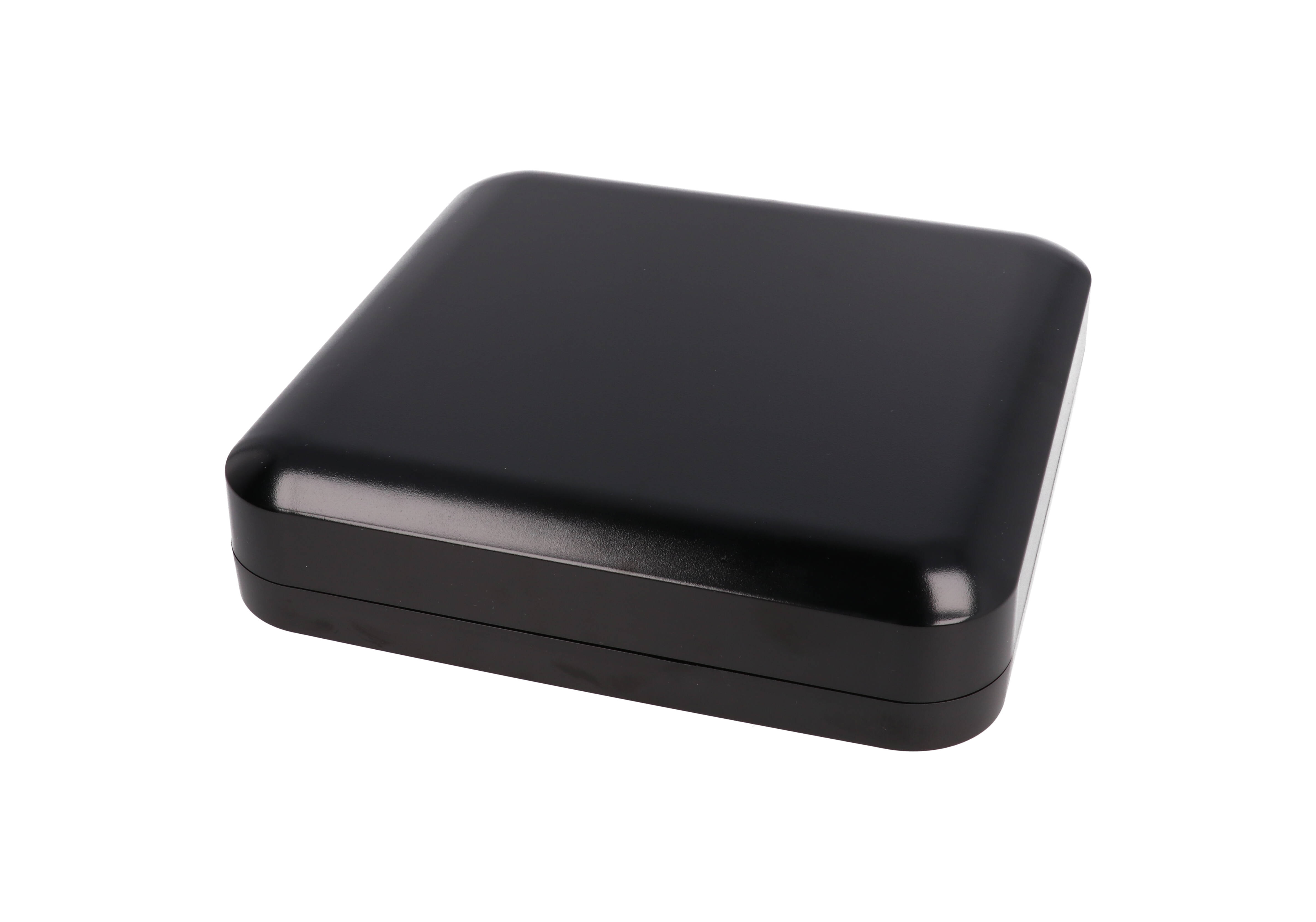 1557H2BK black polycarbonate watertight enclosure, 200 x 200 x 45 mm, low profile with rounded corners