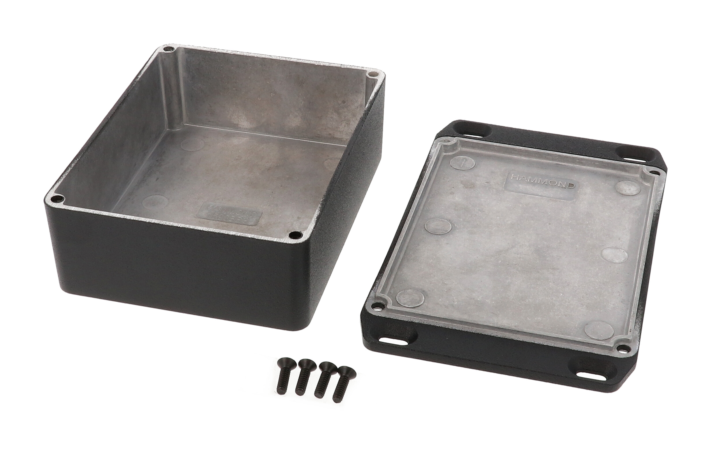 1590BBSFLBK black textured diecast aluminum enclosure with flanged mounting lid