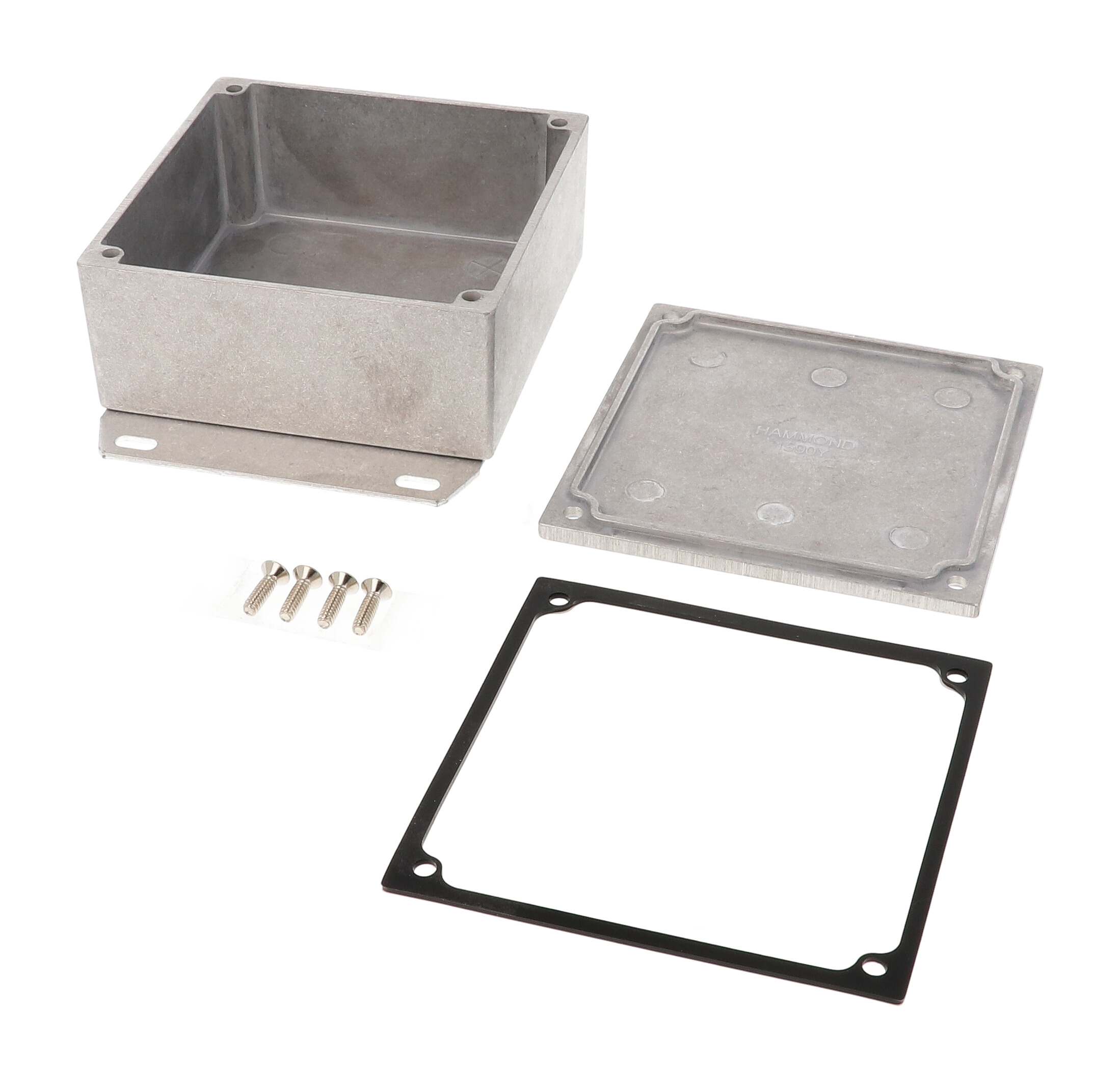 1590WYF natural aluminum watertight diecast aluminum enclosure with flanged bottom plate, 92 mm x 92 mm x 42 mm