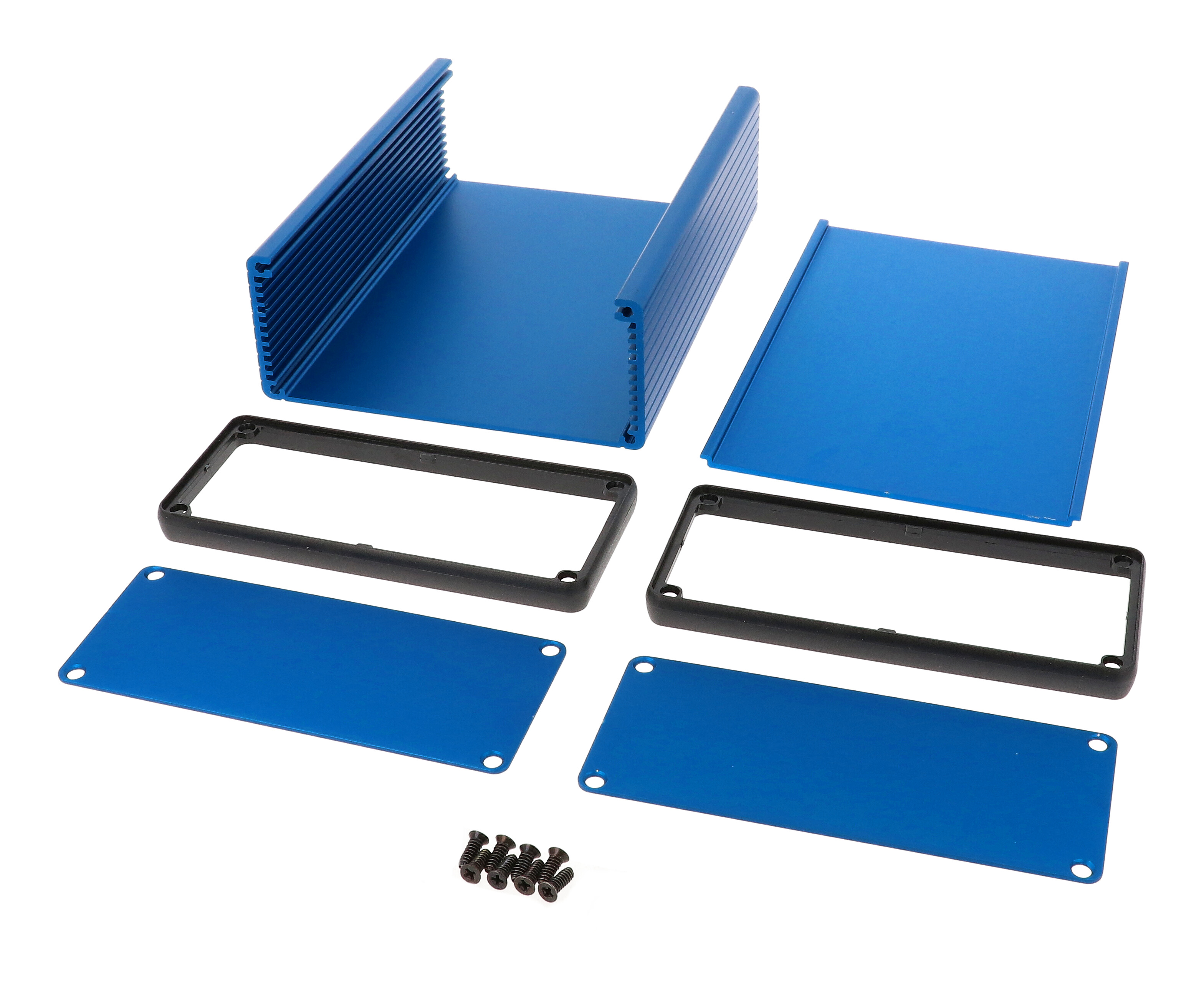 1455Q1601BU blue anodized extruded aluminum PC board enclosure 160 x 125 x 51.5 mm with aluminum end panels and open bezels