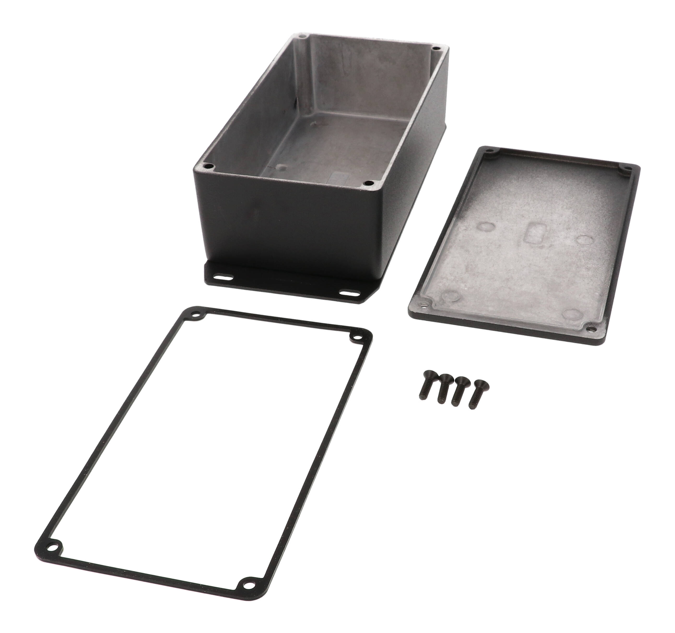1590WP1FBK textured black watertight diecast enclosure, 153 mm x 83 mm x 50 mm, with flanged bottom plate