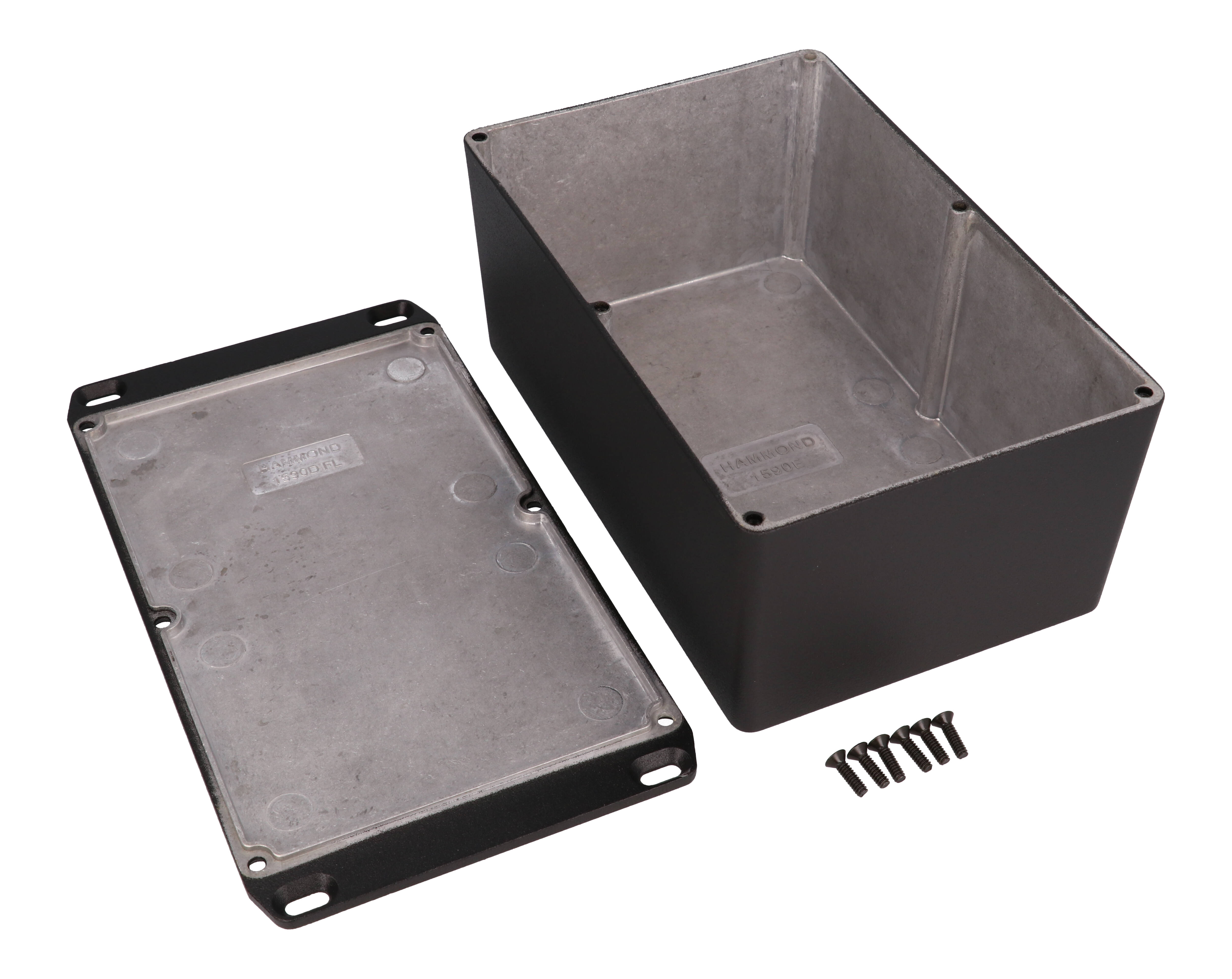 1590EFLBK textured black diecast aluminum enclosure with flanged wall-mounting lid