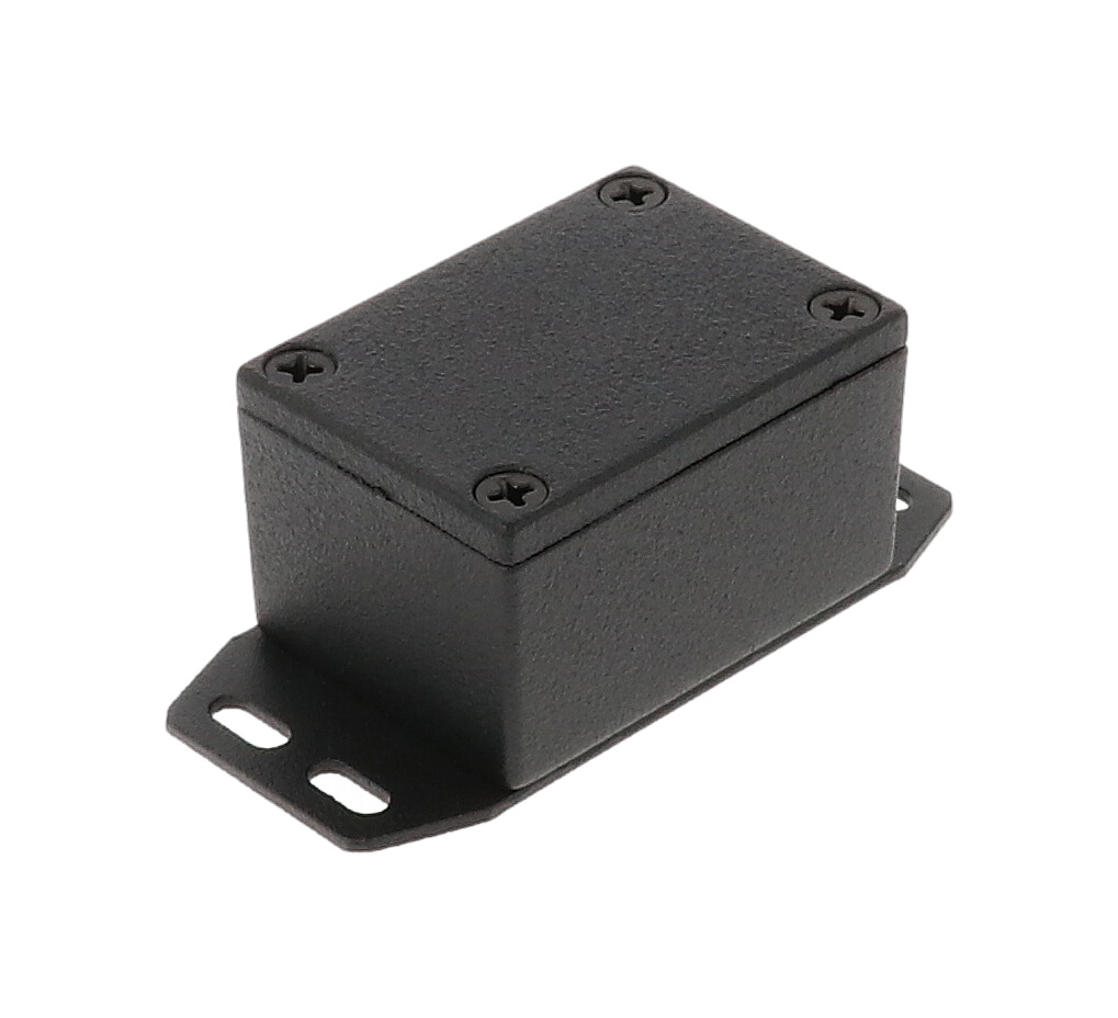 1590HFBK small black diecast aluminum enclosure with flanged bottom plate, 53 x 38 x 31 mm