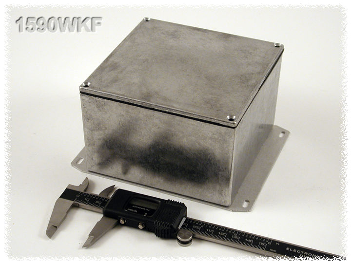 1590WKF natural aluminum IP65 watertight diecast enclosure, 125 x 125 x 79 mm, with flanged bottom plate