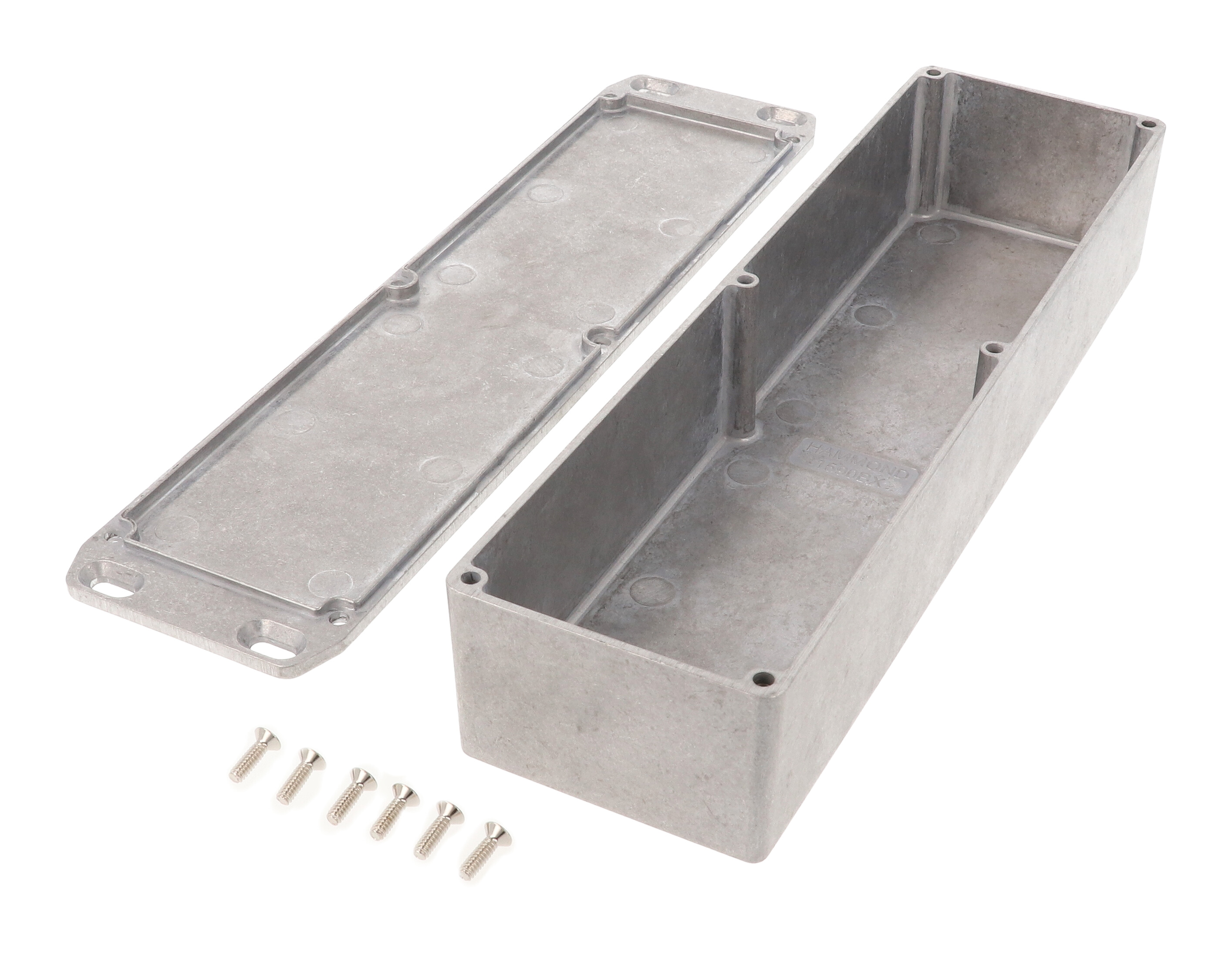 1590BXFL natural diecast aluminum enclosure with wall-mounting flanged lid, 254 x 70 x 50 mm