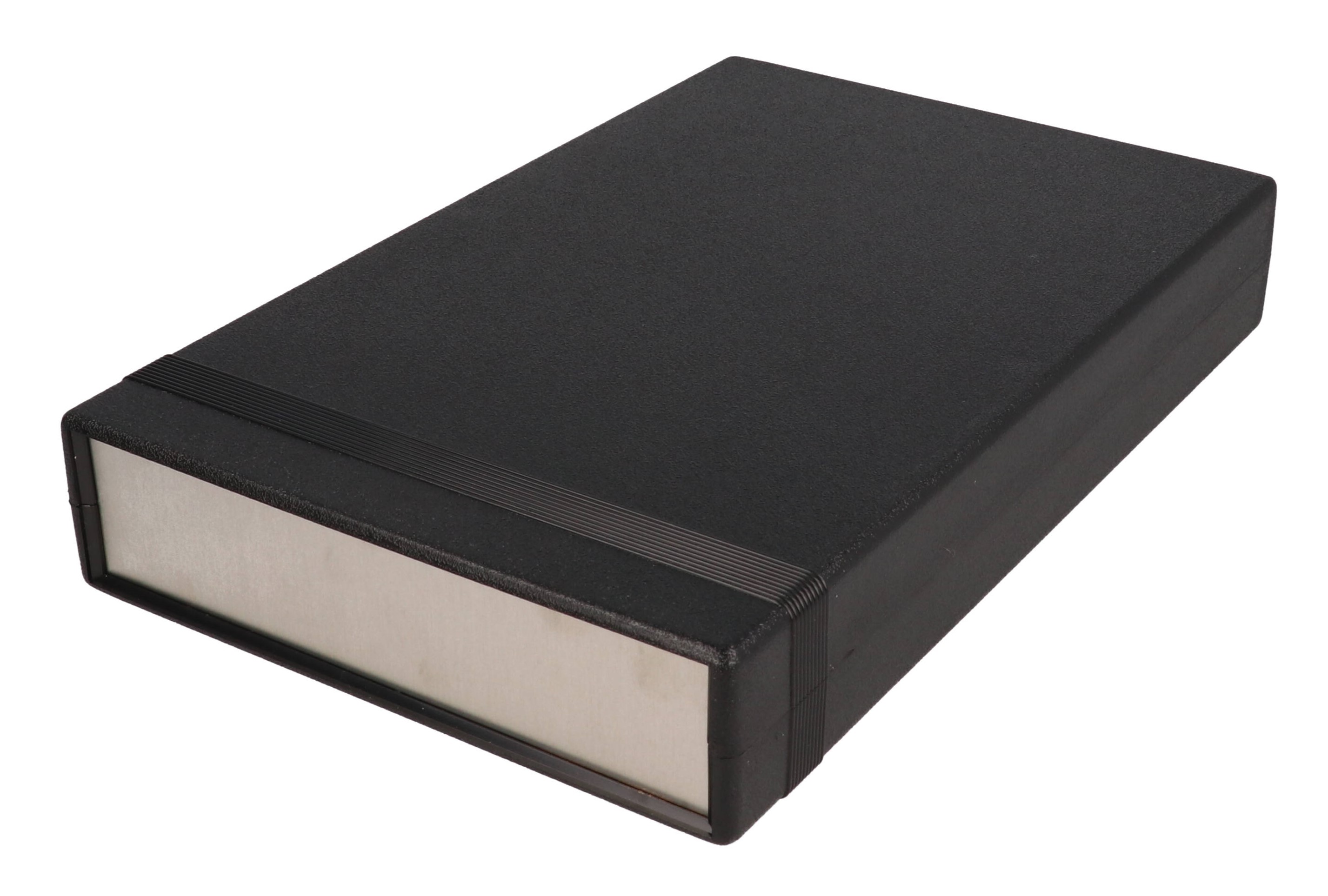 1598RFBK black ABS EMI/RFI shielded instrument enclosure, 250 x 159 x 41 mm, with brushed aluminum end panels