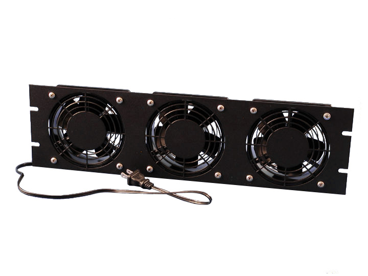 Hammond FP3F115 3U black steel rack mount fan panel assembly with three 115 VAC exhaust fans and punched front panel