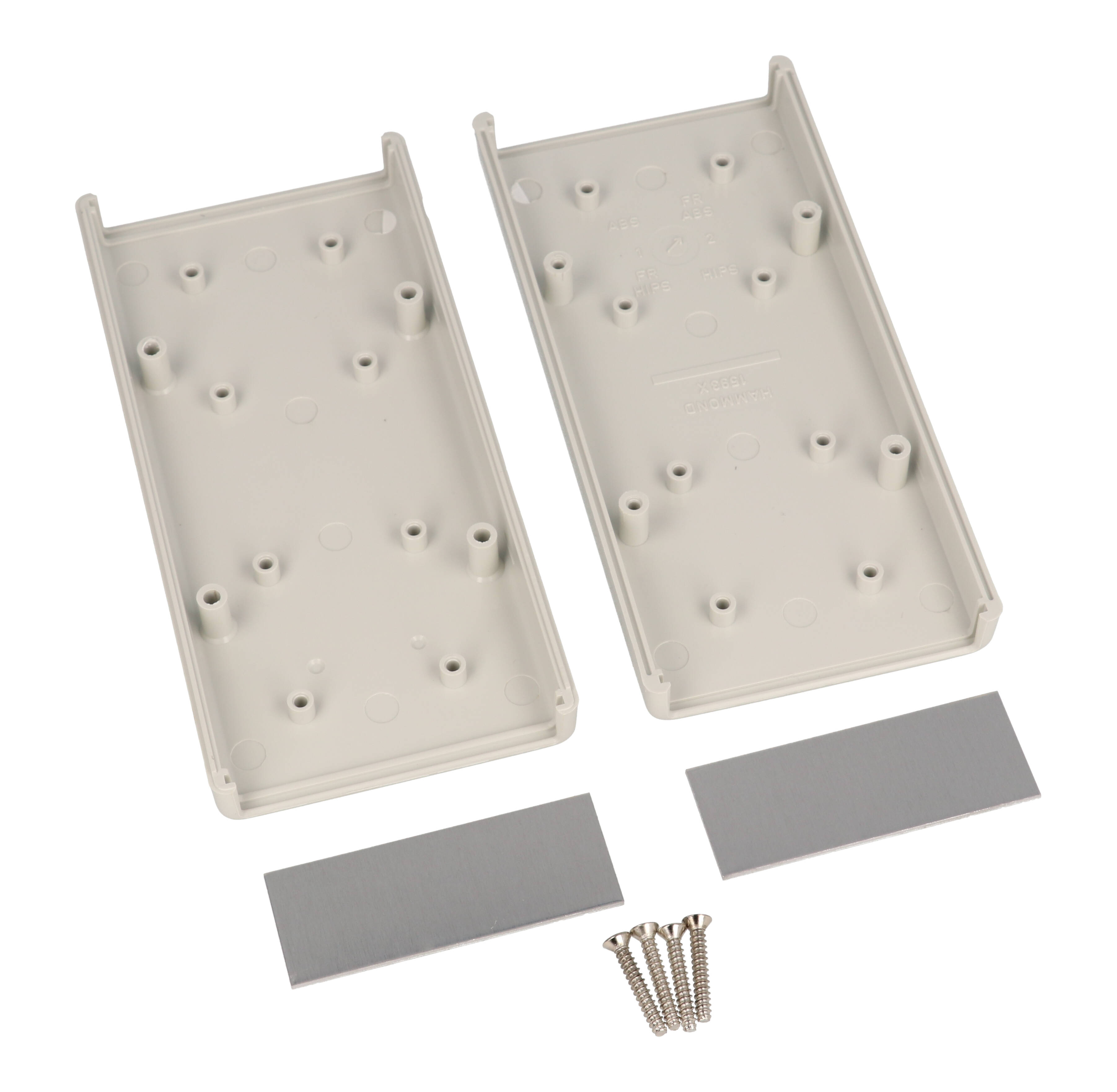 1593XALGY light gray ABS hand held instrument enclosure, 140 x 66 x 28 mm, with aluminum end panels