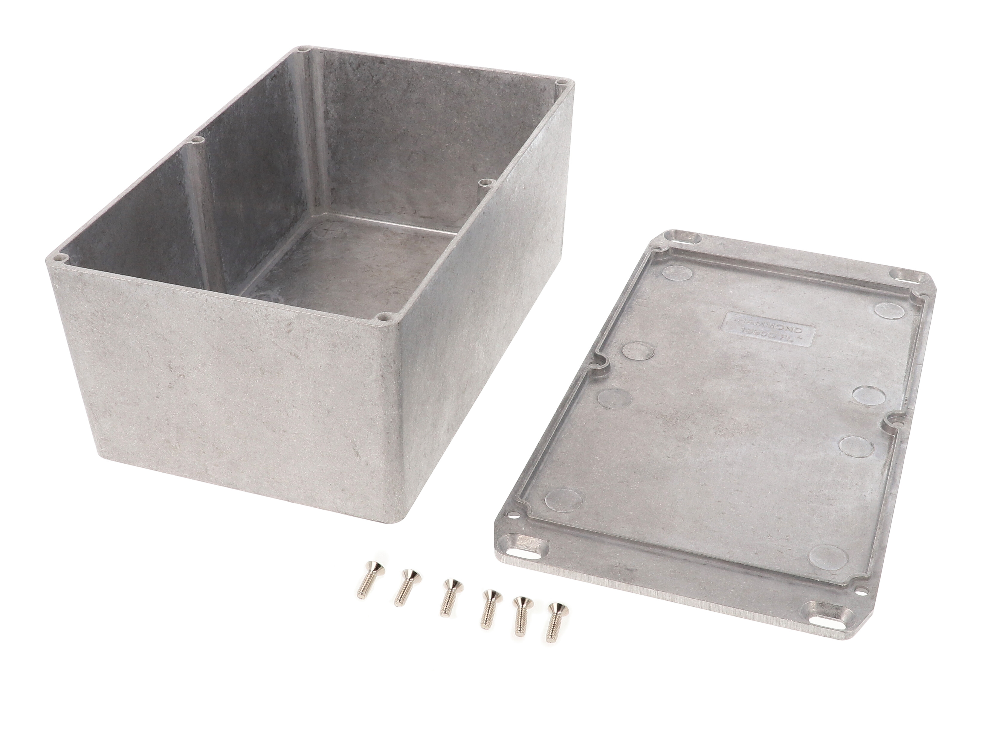 1590EFL natural diecast aluminum enclosure with flanged wall-mounting lid, 188 x 120 x 82 mm