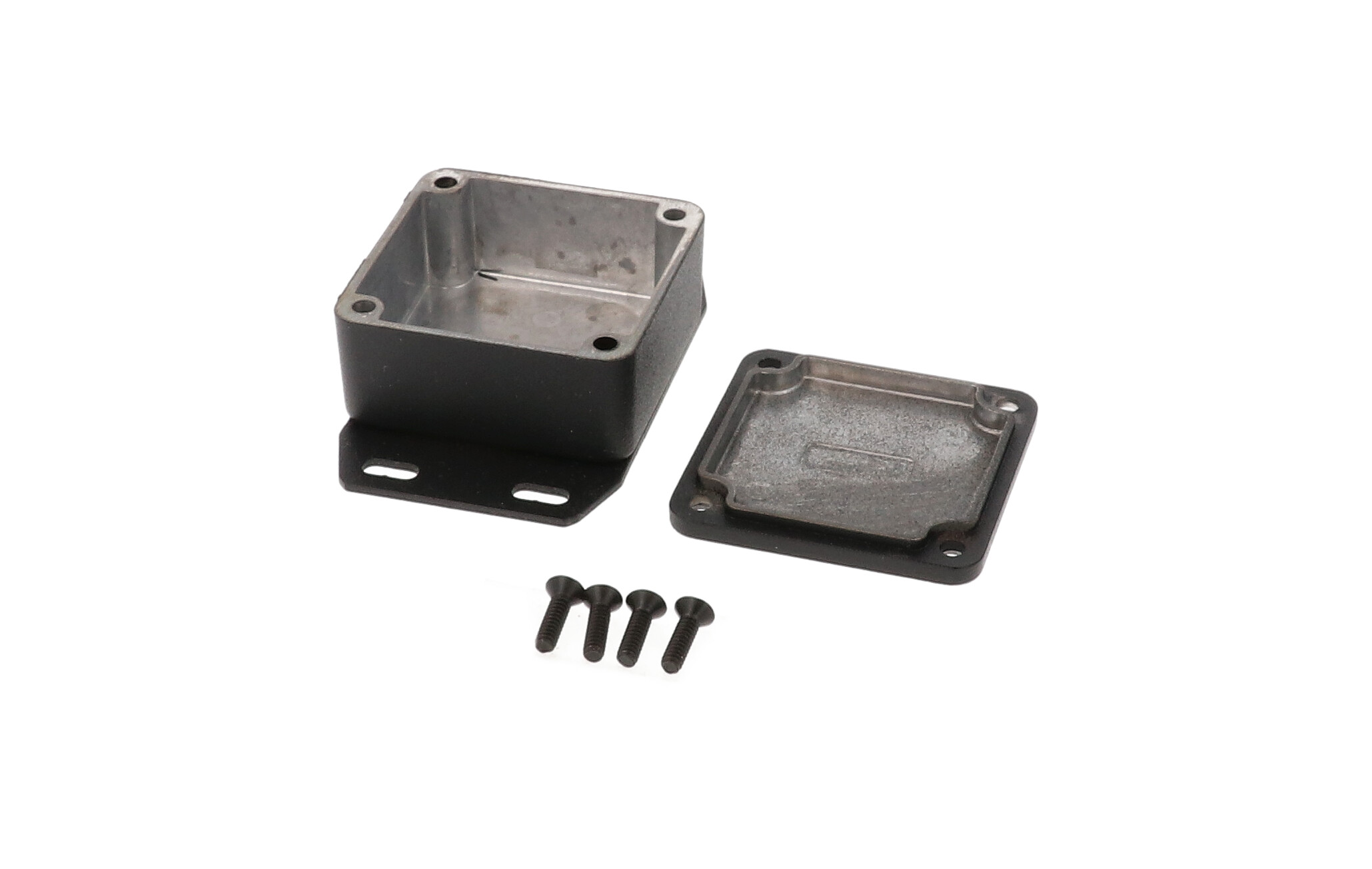1590LLBFBK black textured 51 x 51 x 25 mm diecast aluminum enclosure with welded bottom mounting flange