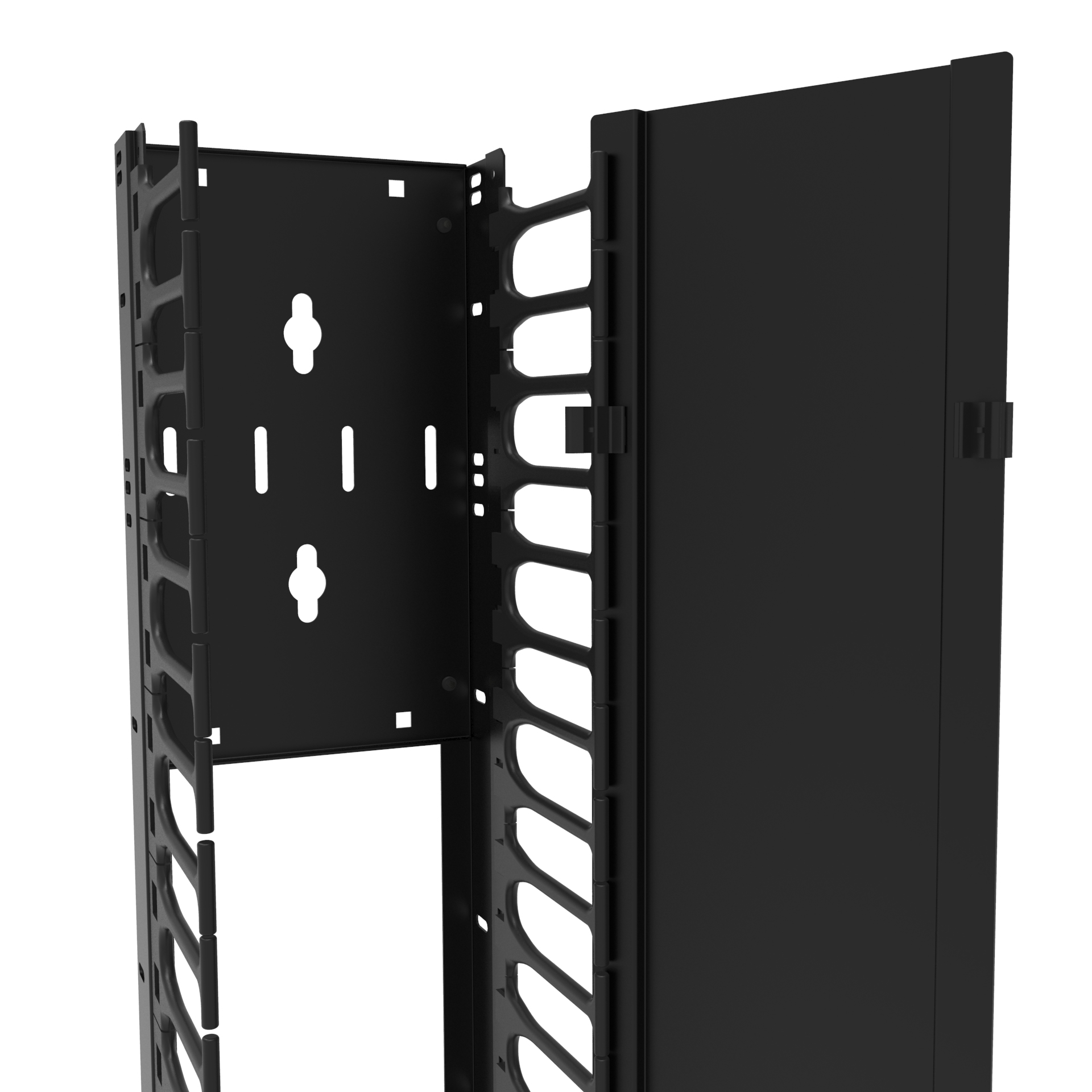 Hammond RB-VFM45-4-1 45U single-sided 4 in wide black vertical finger cable manager with removable aluminum cover for open frame racks