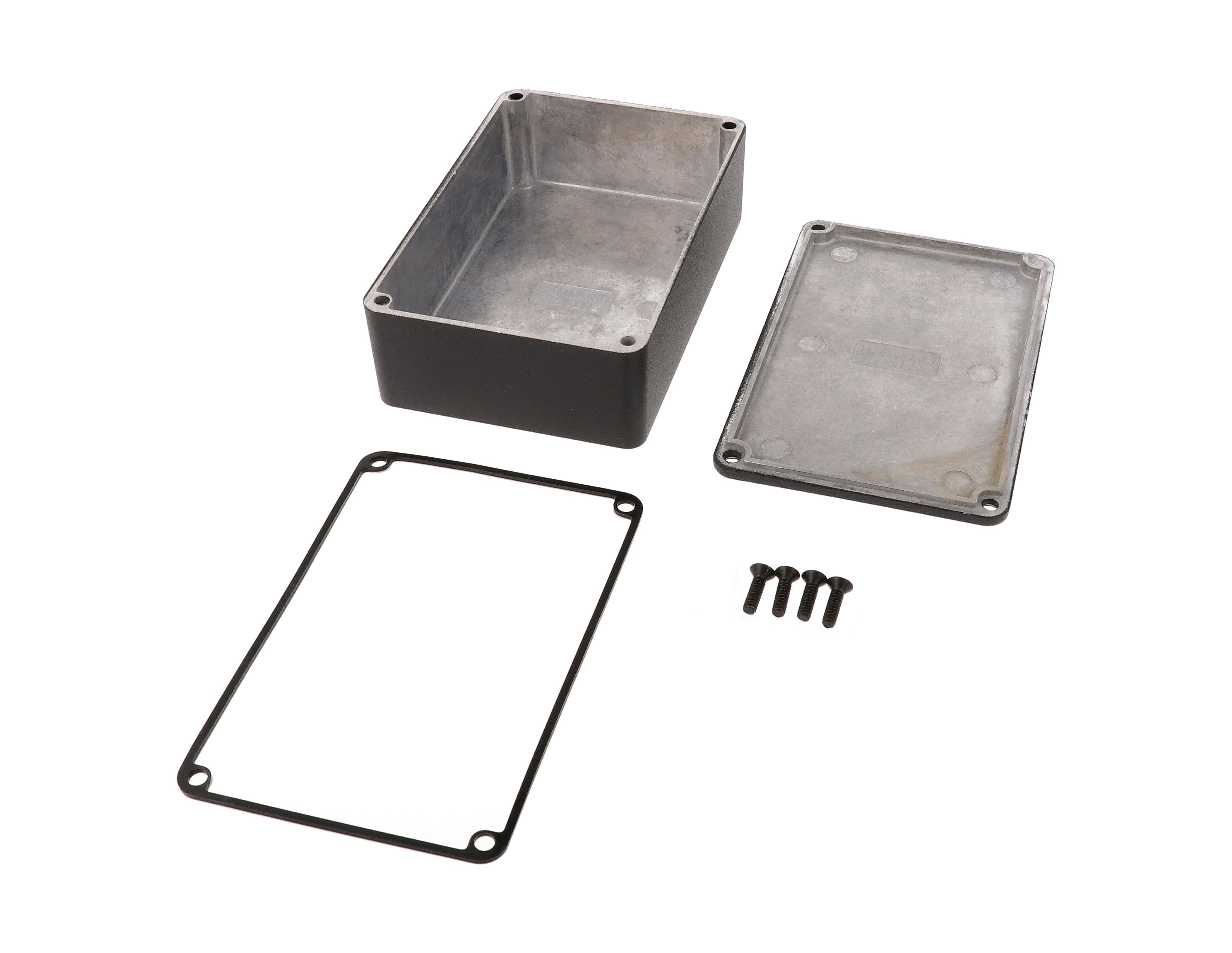 1590WB3BK black textured IP65 watertight diecast enclosure, 116 x 77 x 38 mm, no mounting flanges