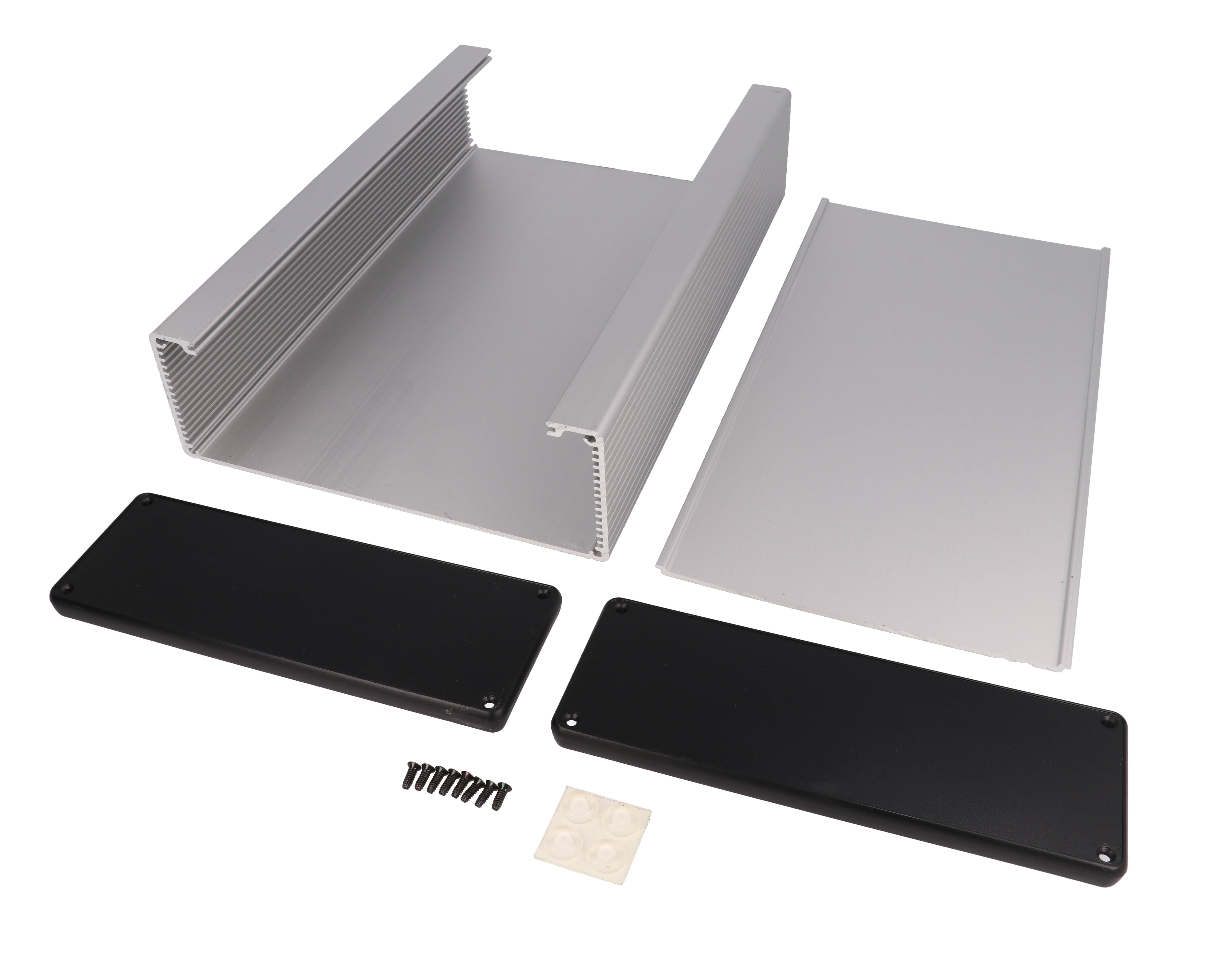 1455U2802 clear anodized extruded aluminum enclosure, 280 x 191 x 66 mm, with closed black plastic end panels