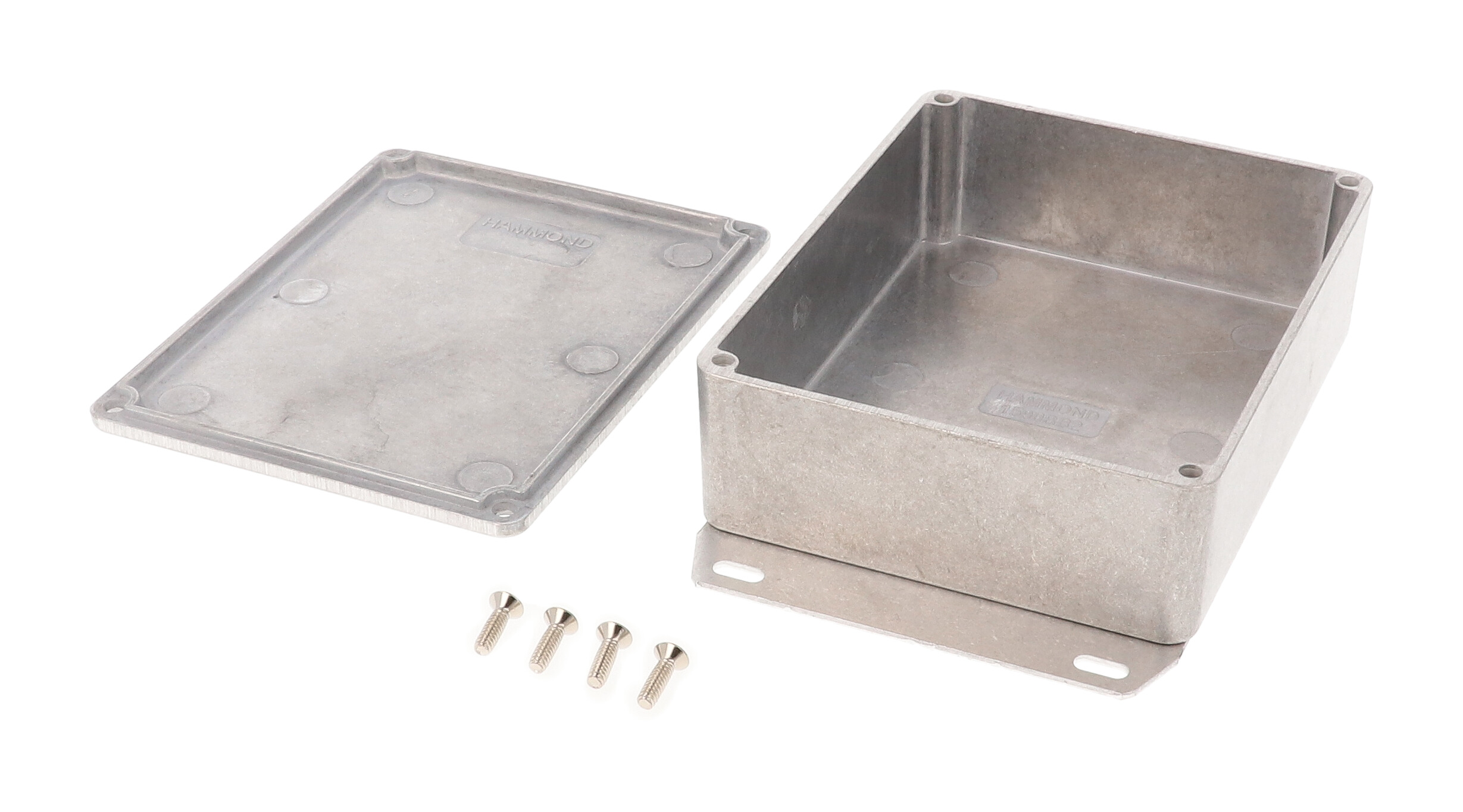 1590BB2F natural finish diecast aluminum enclosure with welded bottom mounting flange