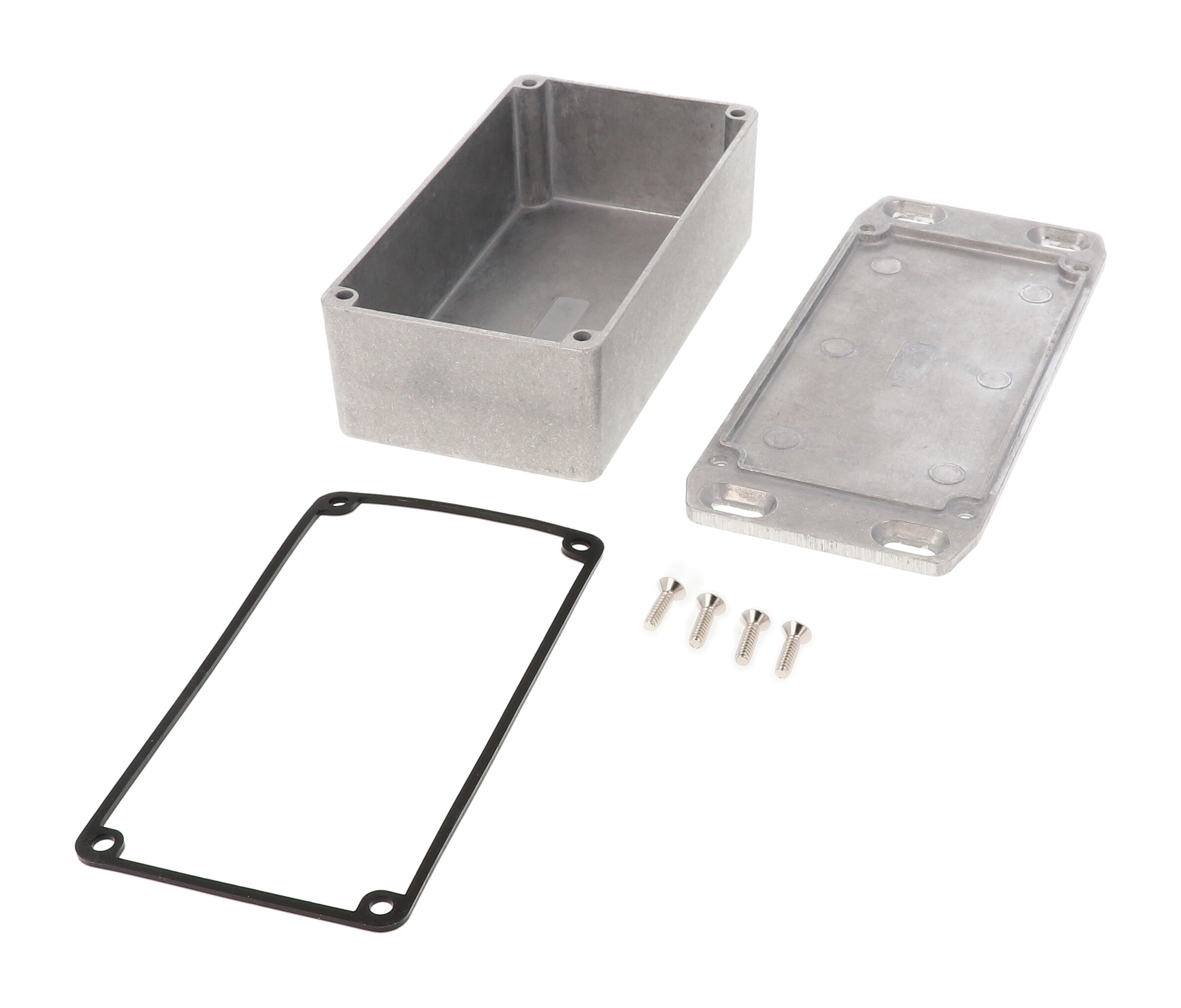 1590WN1FL natural aluminum watertight diecast enclosure, 121 mm x 66 mm x 40 mm, with flanged mounting lid