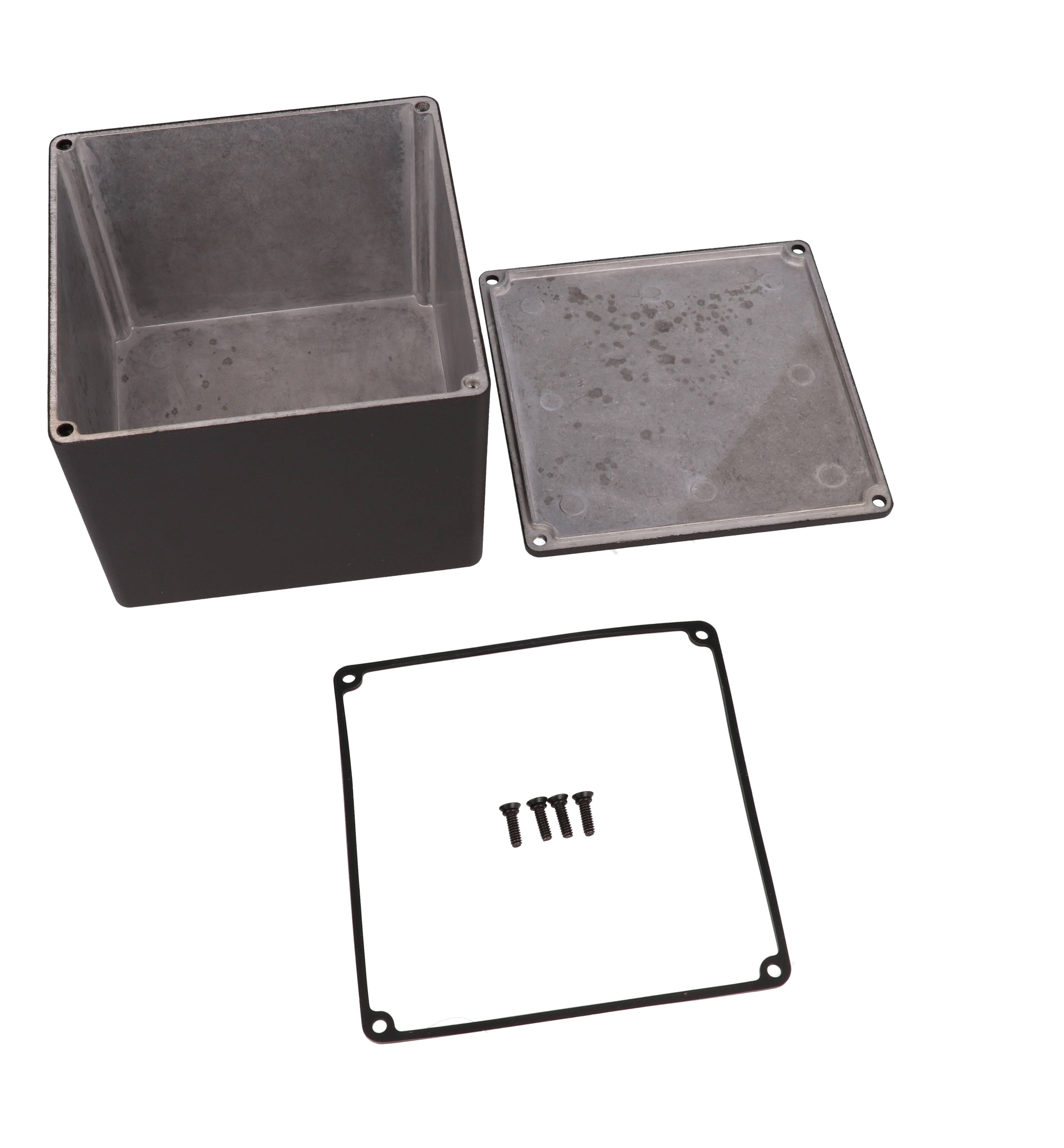 1590WVBK black textured watertight diecast aluminum enclosure without mounting flanges, 119 mm x 120 mm x 94 mm