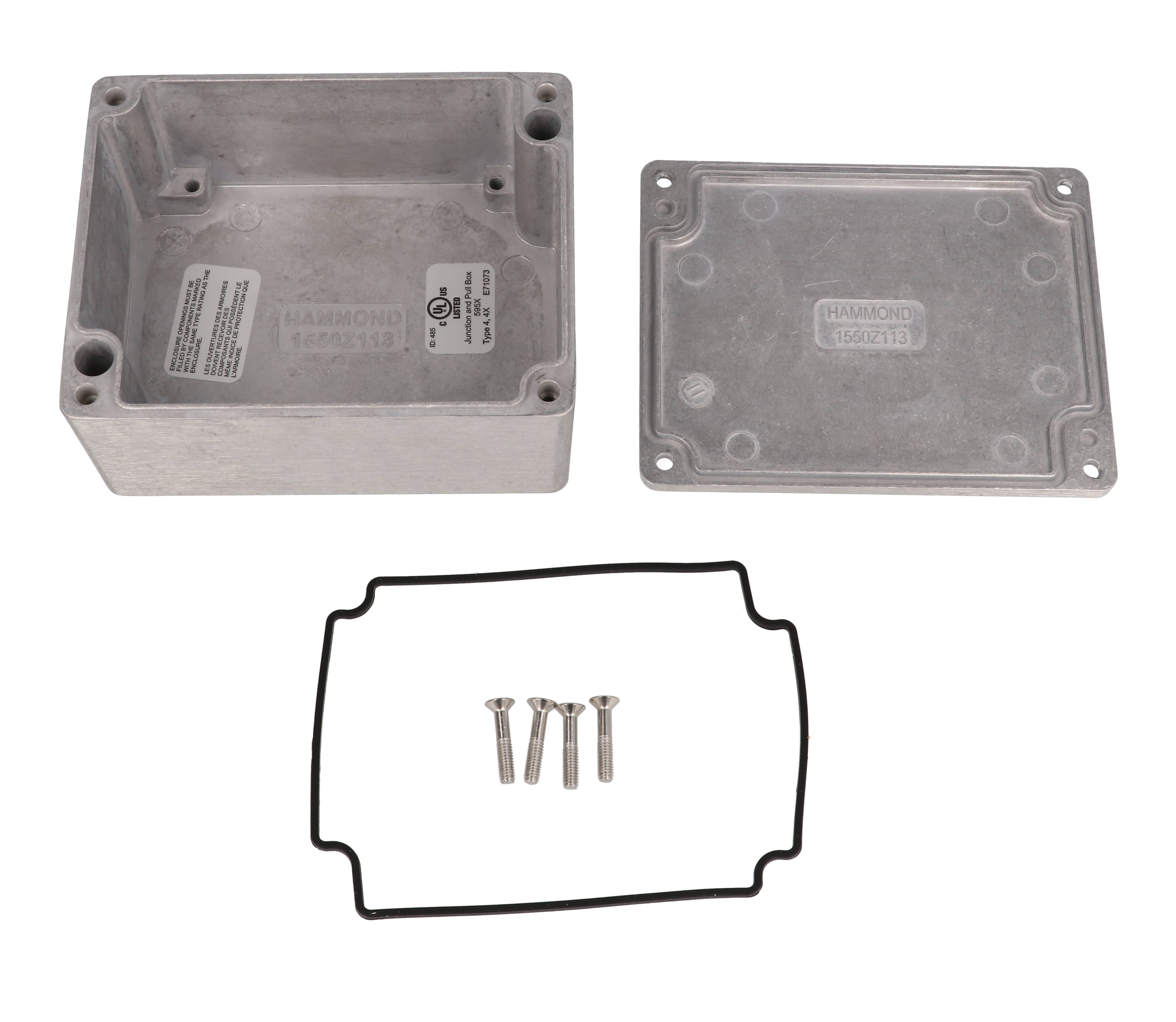 Hammond 1550Z113 natural unpainted watertight diecast aluminum enclosure, 115 x 90 x 55 mm, with lid and cover screws