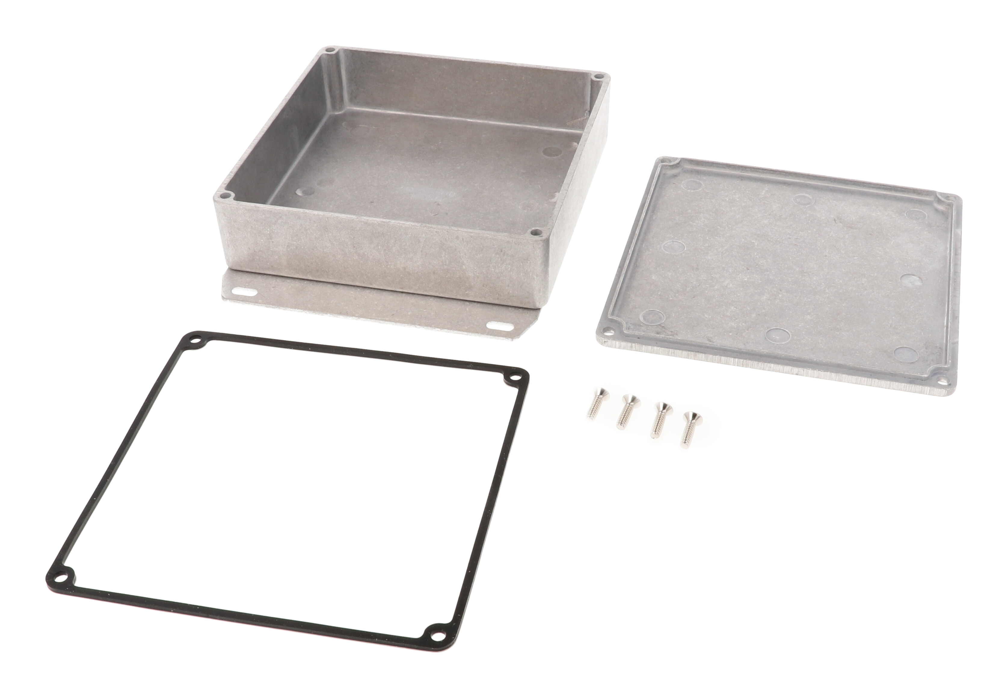 1590WQF natural aluminum watertight diecast enclosure, 120 mm x 120 mm x 34 mm, with flanged bottom plate