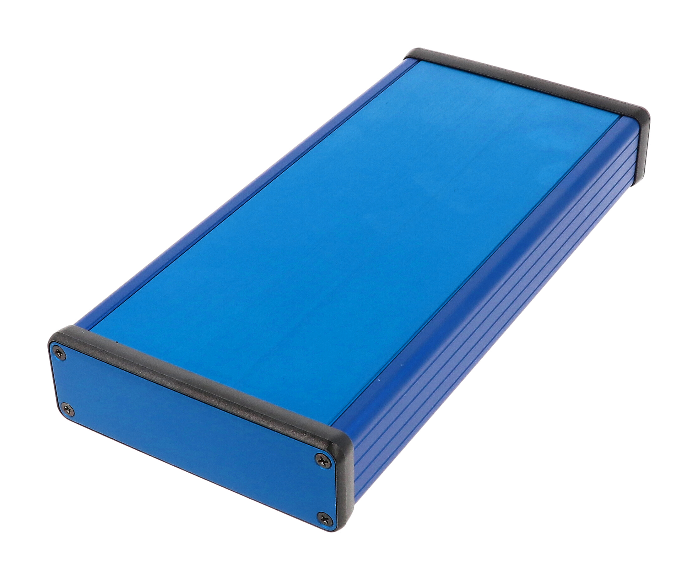 1455L2201BU — blue extruded aluminum enclosure w/ metal end panels