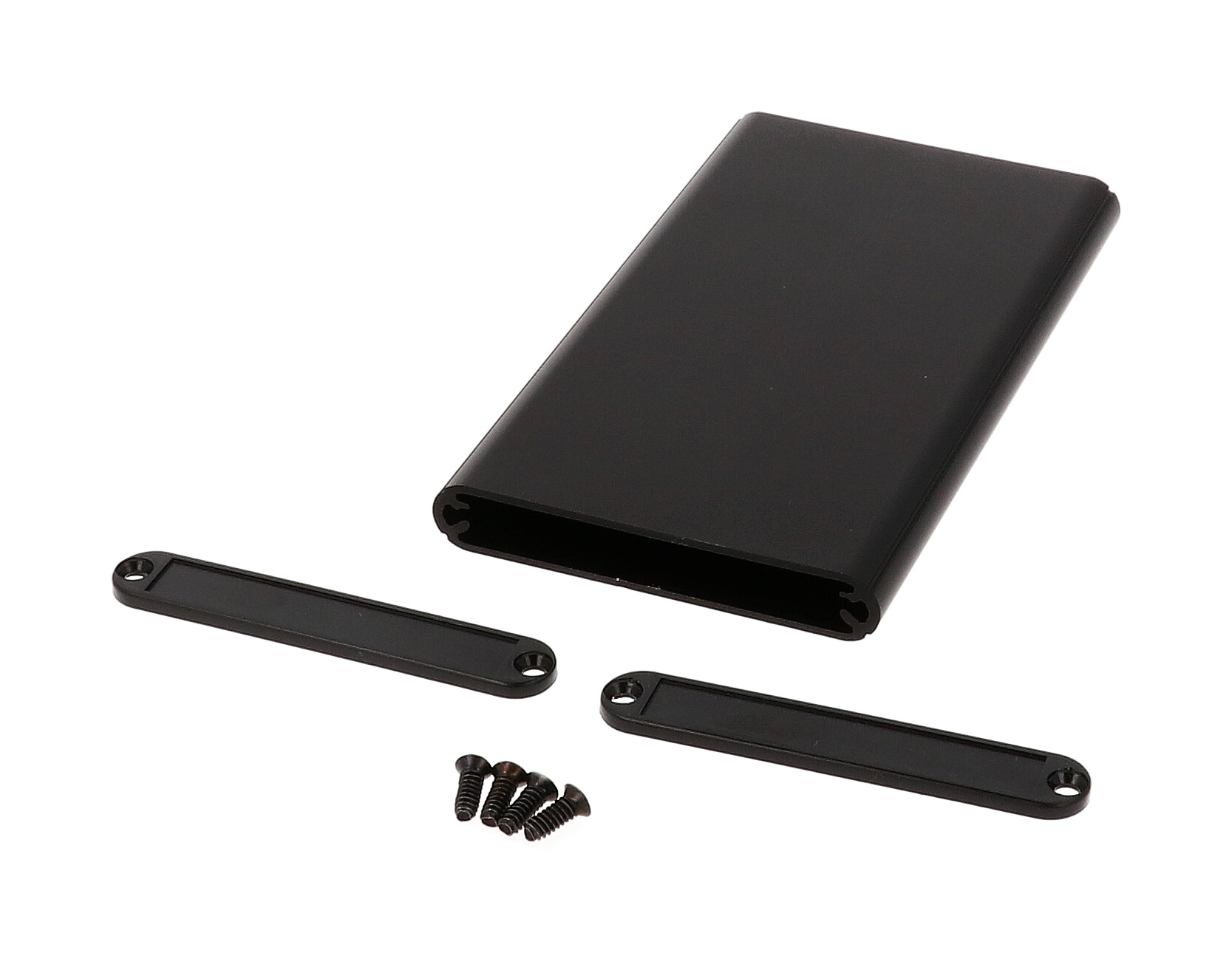 1455A1202BK black anodized extruded aluminum PC board enclosure, 120 x 70 x 12 mm, with black plastic end panels