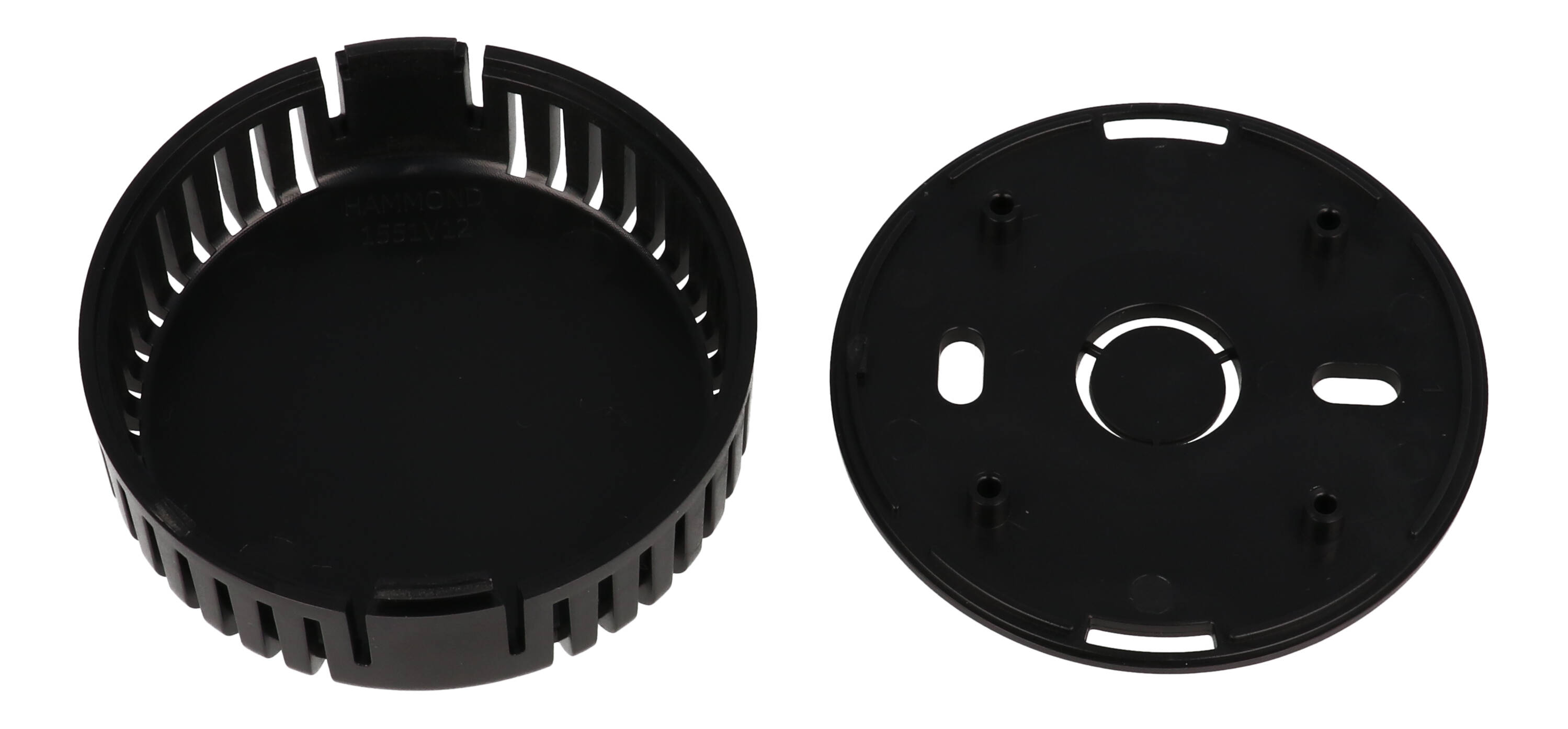 1551V12BK black vented round ABS snap-fit sensor enclosure with wall-mount base